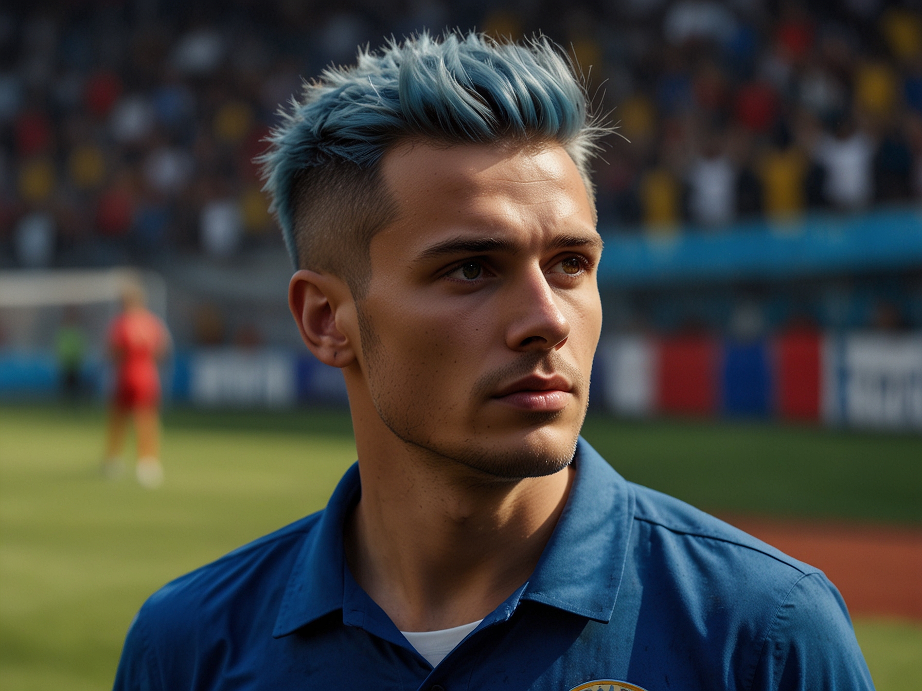 Andrei Rațiu walks onto the field for Romania’s Euro 2024 match against Ukraine, flaunting his striking electric blue hair, while fans and commentators react with mixed feelings.