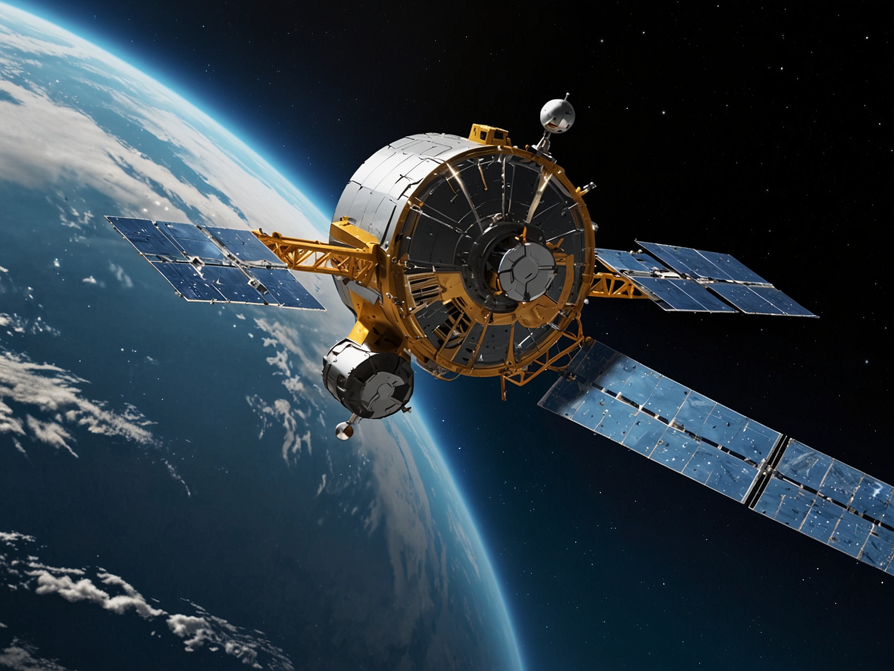 Illustration of Astroscale's ELSA-d mission, featuring a servicer satellite capturing a client satellite. This demonstration showcases the technical efforts and innovations aimed at mitigating space debris in Earth's orbit.