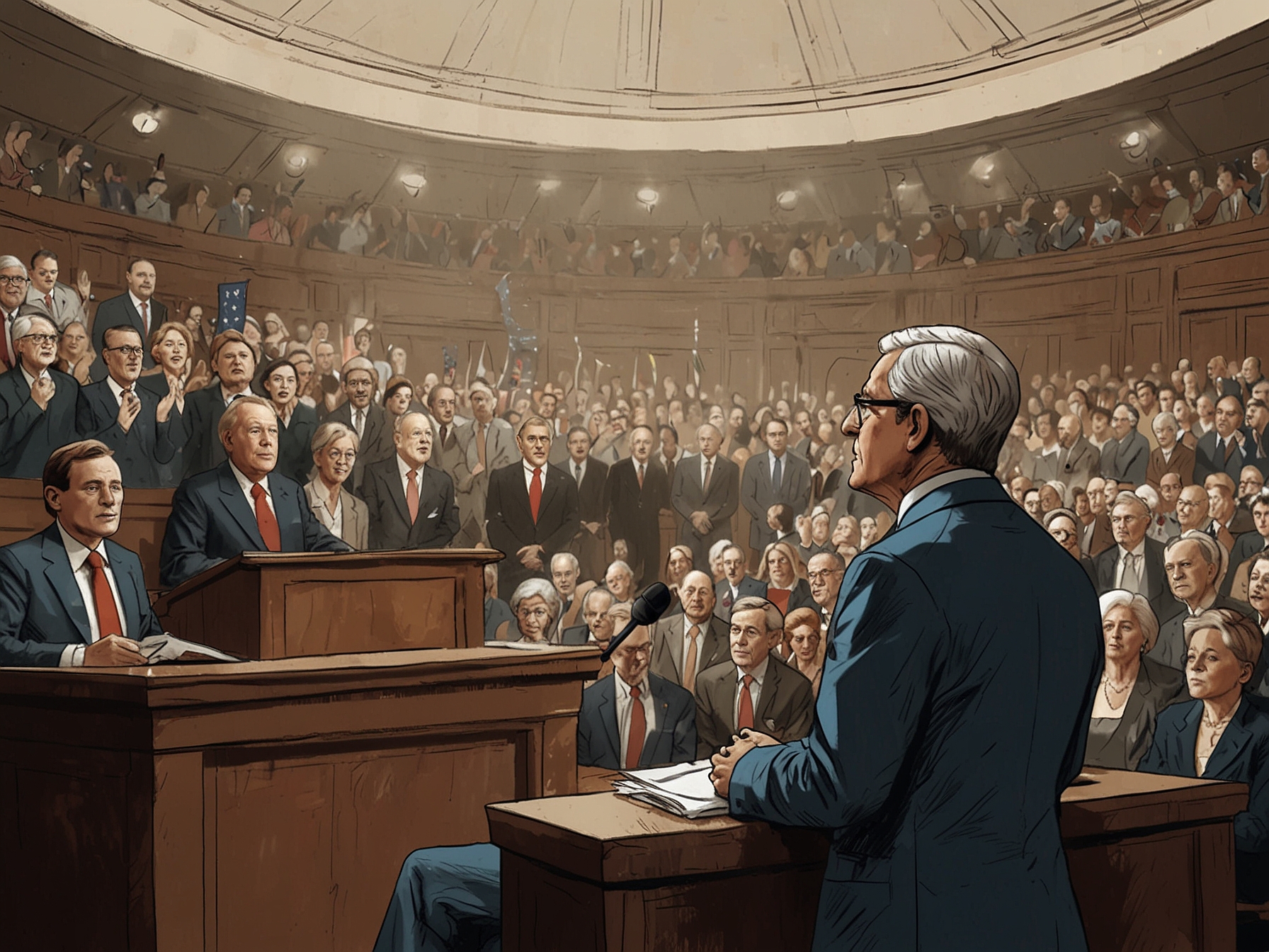 An illustration of a confident, principled political leader addressing a diverse audience, emphasizing the importance of transparency and integrity in handling foreign interference.