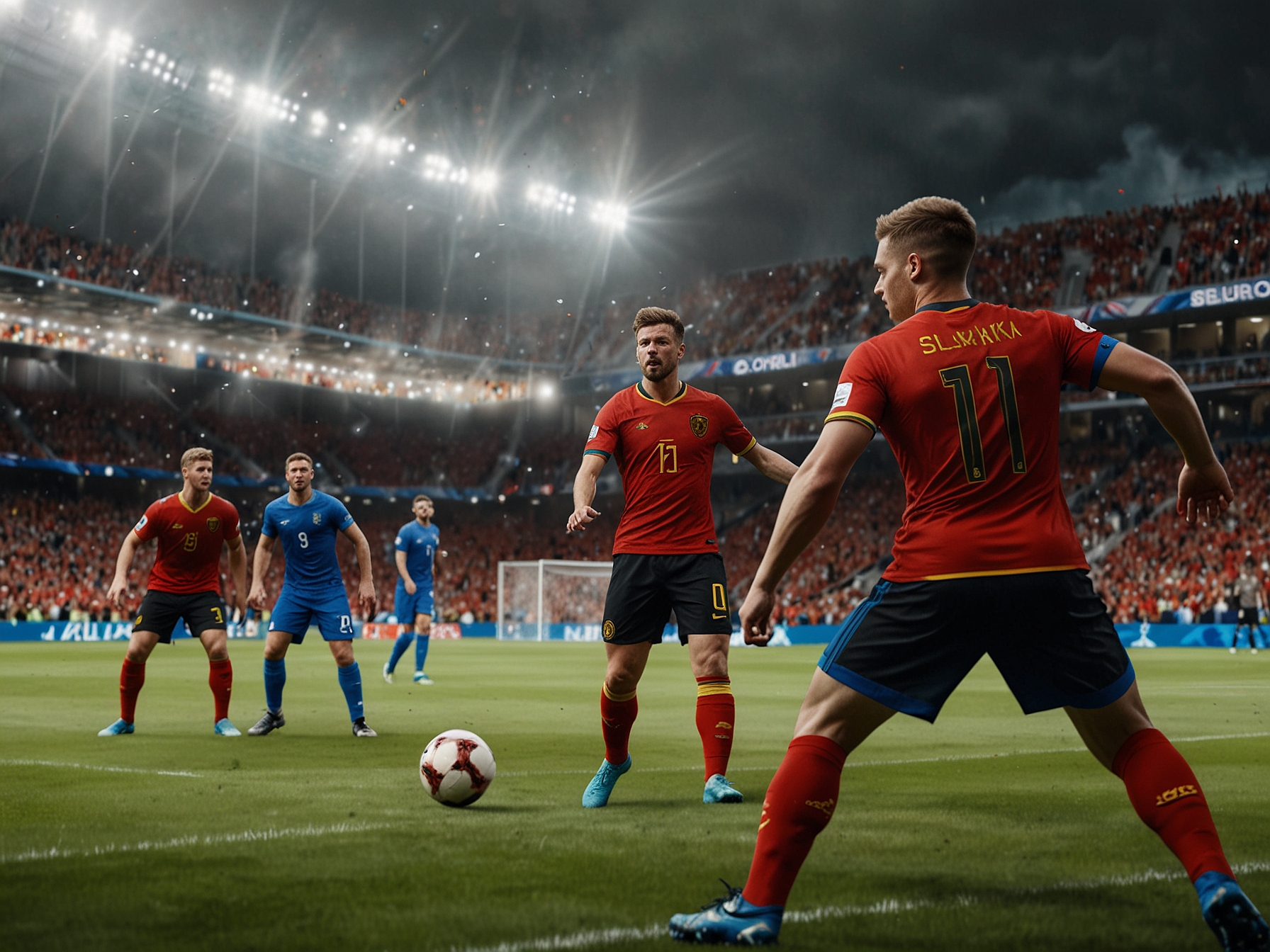 A high-action scene from the Belgium vs Slovakia match at UEFA Euro 2024, capturing Belgium's dynamic attack as key players maneuver past Slovakia's defense effectively.