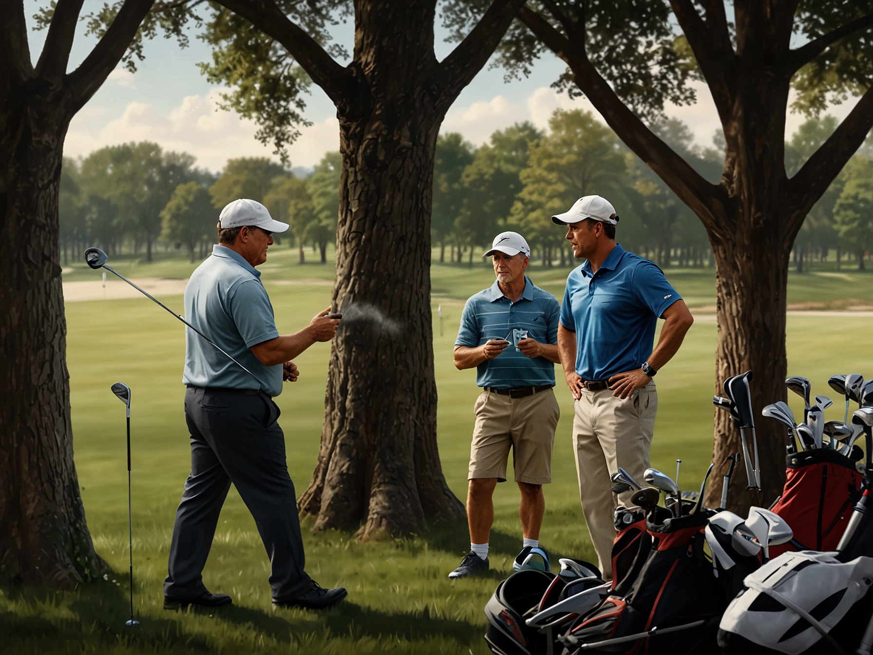 A scene on an Ohio golf course where three groups of golfers argue and brandish their clubs like swords, with onlookers gathering and some recording the event on their phones.