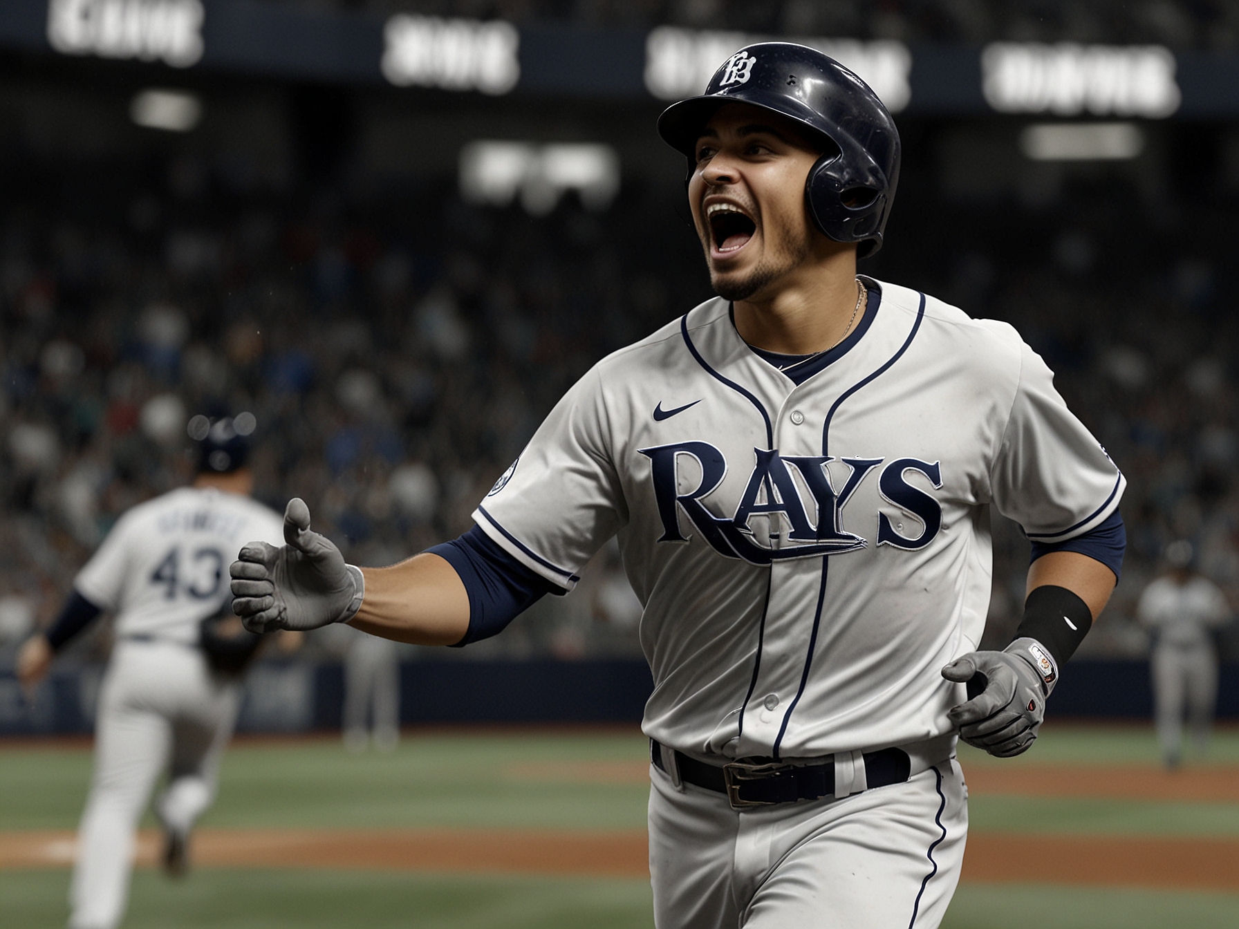 Jose Siri celebrates rounding the bases after hitting a two-run homer in the ninth inning against the Atlanta Braves, securing an 8-6 win for the Tampa Bay Rays.