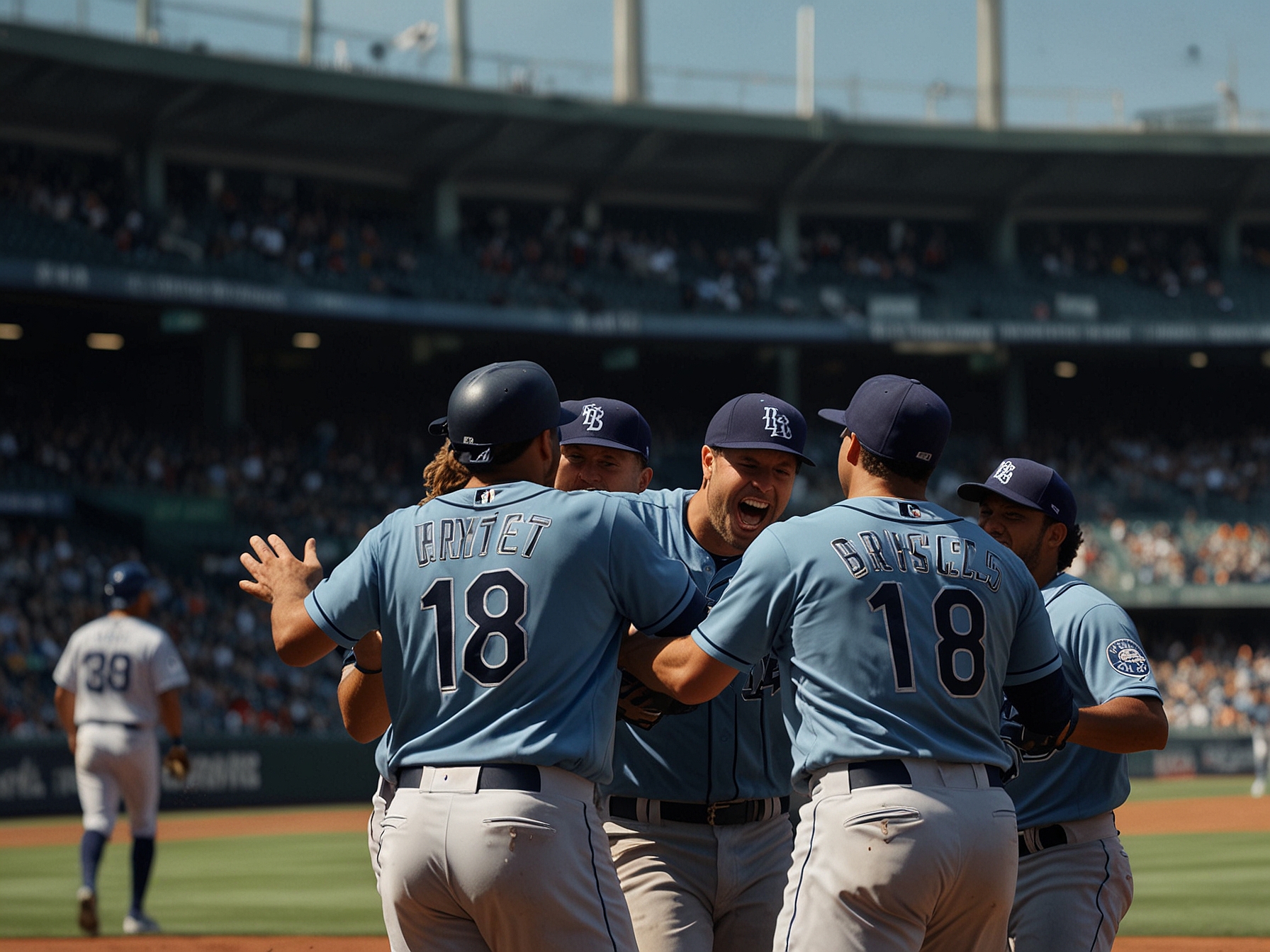 Tampa Bay Rays players rejoice on the field at Truist Park after averting a sweep with a crucial 8-6 victory, fueled by Jose Siri's critical home run.