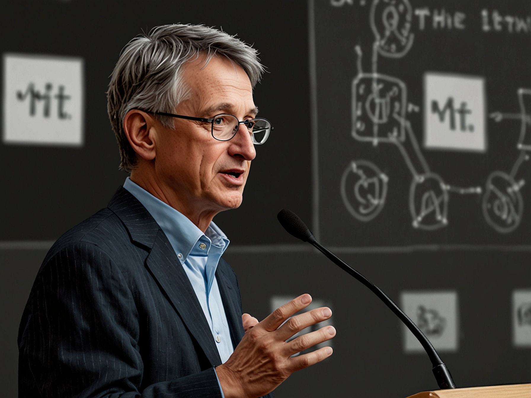 Geoffrey Hinton speaking during an MIT lecture, where he discussed the potential for superintelligent AI to replace humans, shaking the tech and ethics communities.