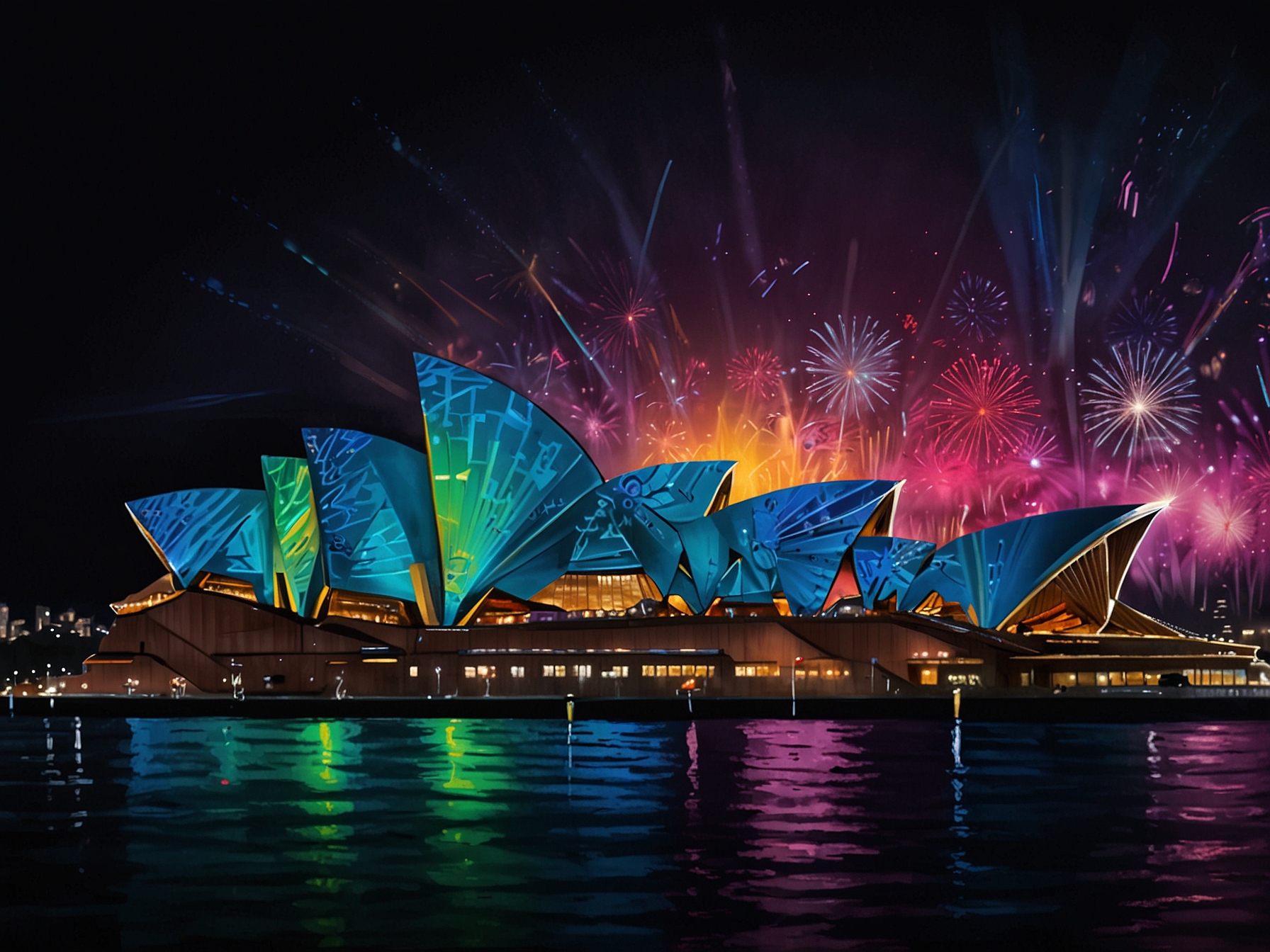 A breathtaking view of Sydney's harbor, illuminated by vibrant light installations during Vivid Sydney 2024. The Sydney Opera House and Harbour Bridge are adorned with dynamic projections, drawing a captivated crowd.