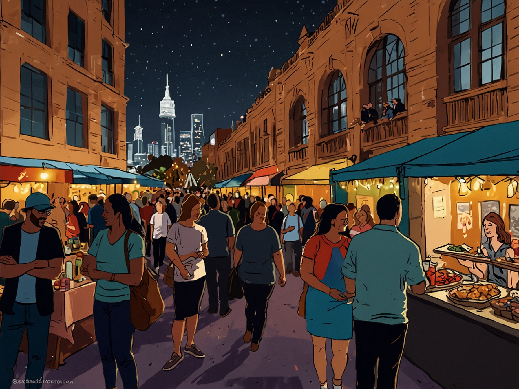 Attendees enjoying the Vivid Sydney Night Market at The Rocks, sampling an array of gourmet dishes. A lively atmosphere with colorful lights and diverse food stalls creating a festive culinary journey.