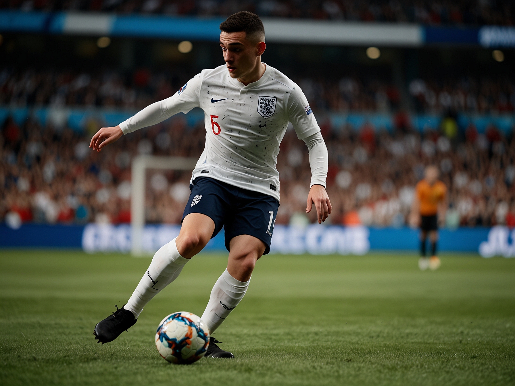 An image of Phil Foden in action during a Euro 2024 match, showcasing his dribbling skills as he maneuvers through the opposition. His focus and determination are evident as he attempts to make an impact for England.