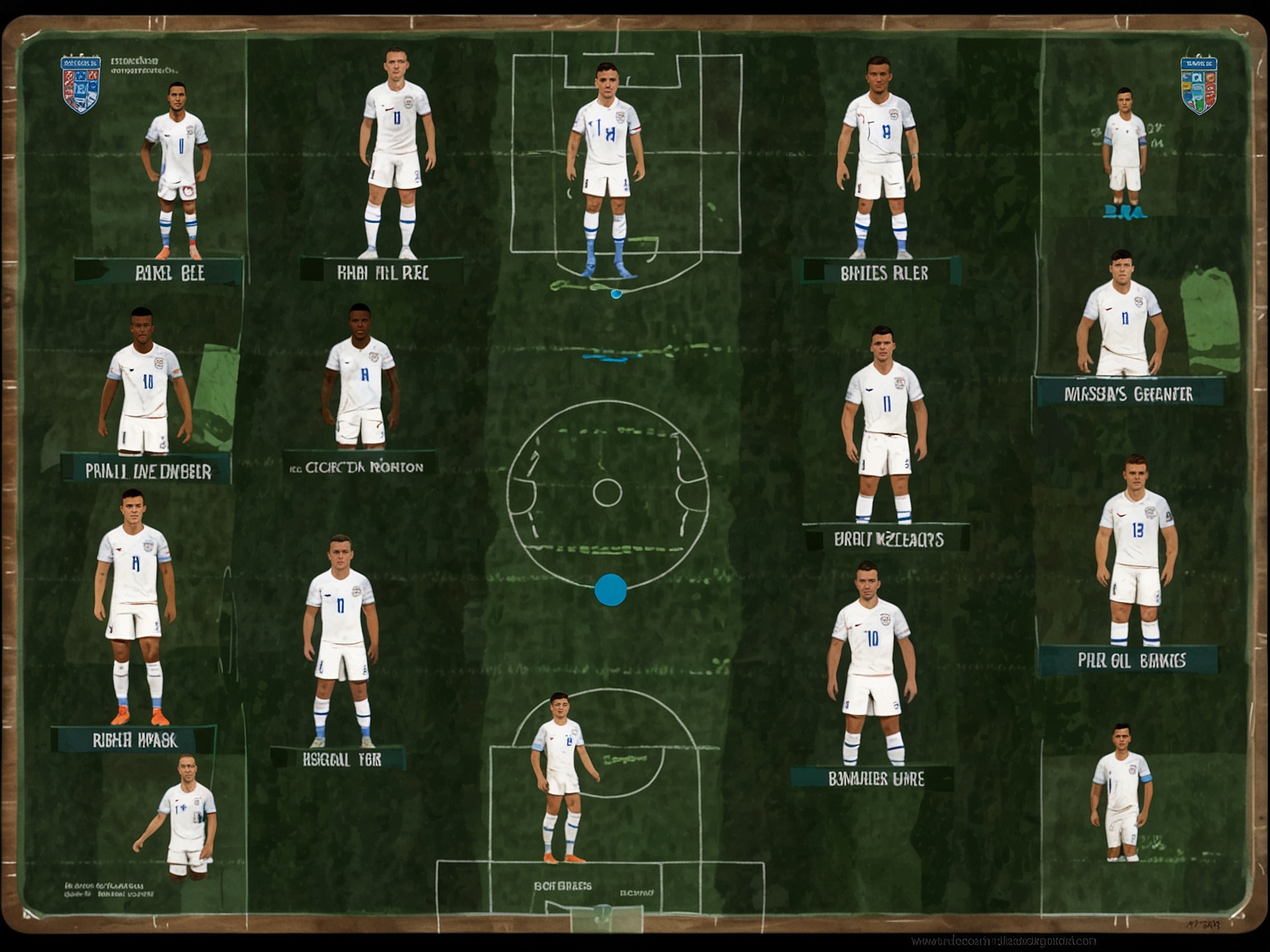 A tactical board displaying possible positions for Phil Foden in the England lineup at Euro 2024. This illustrates various formations and roles, including Foden as a false nine and an advanced playmaker.