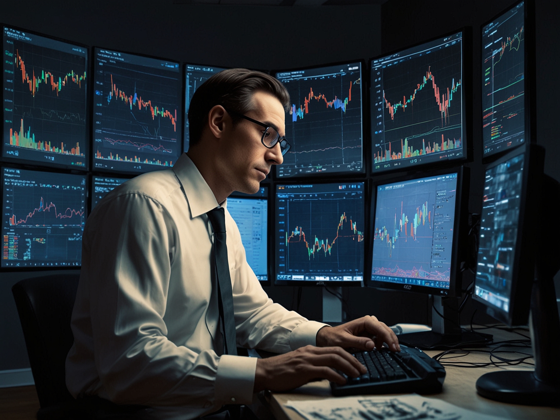 A trader analyzing stock charts on a computer, highlighting key stocks like Titan, LIC Housing Finance, and SAIL, which are expected to offer gains of 4-16% over the next 3-4 weeks.