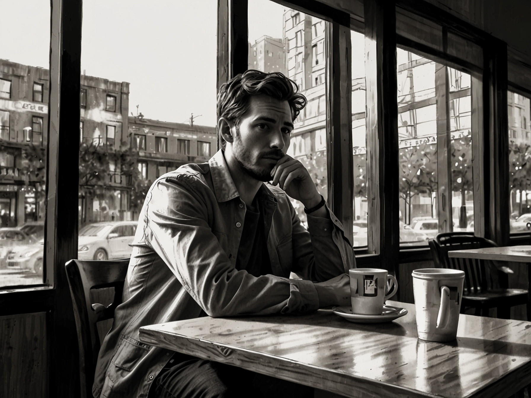 A man sitting in a coffee shop, looking contemplative and distressed, symbolizing the emotional turmoil and confusion he feels about his secret affair with his partner's best friend.