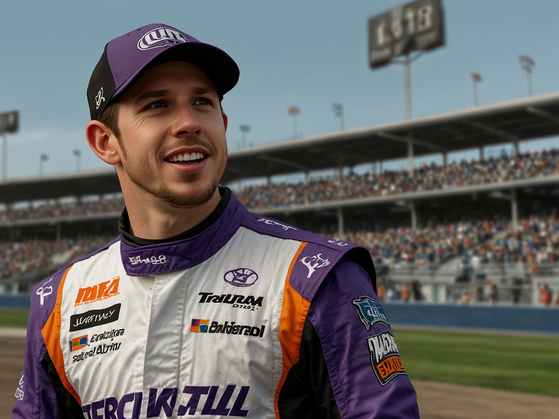 Denny Hamlin, wearing his racing suit, speaks enthusiastically during his 'Actions Detrimental' podcast, discussing his first experience and high expectations for the race at Iowa Speedway.