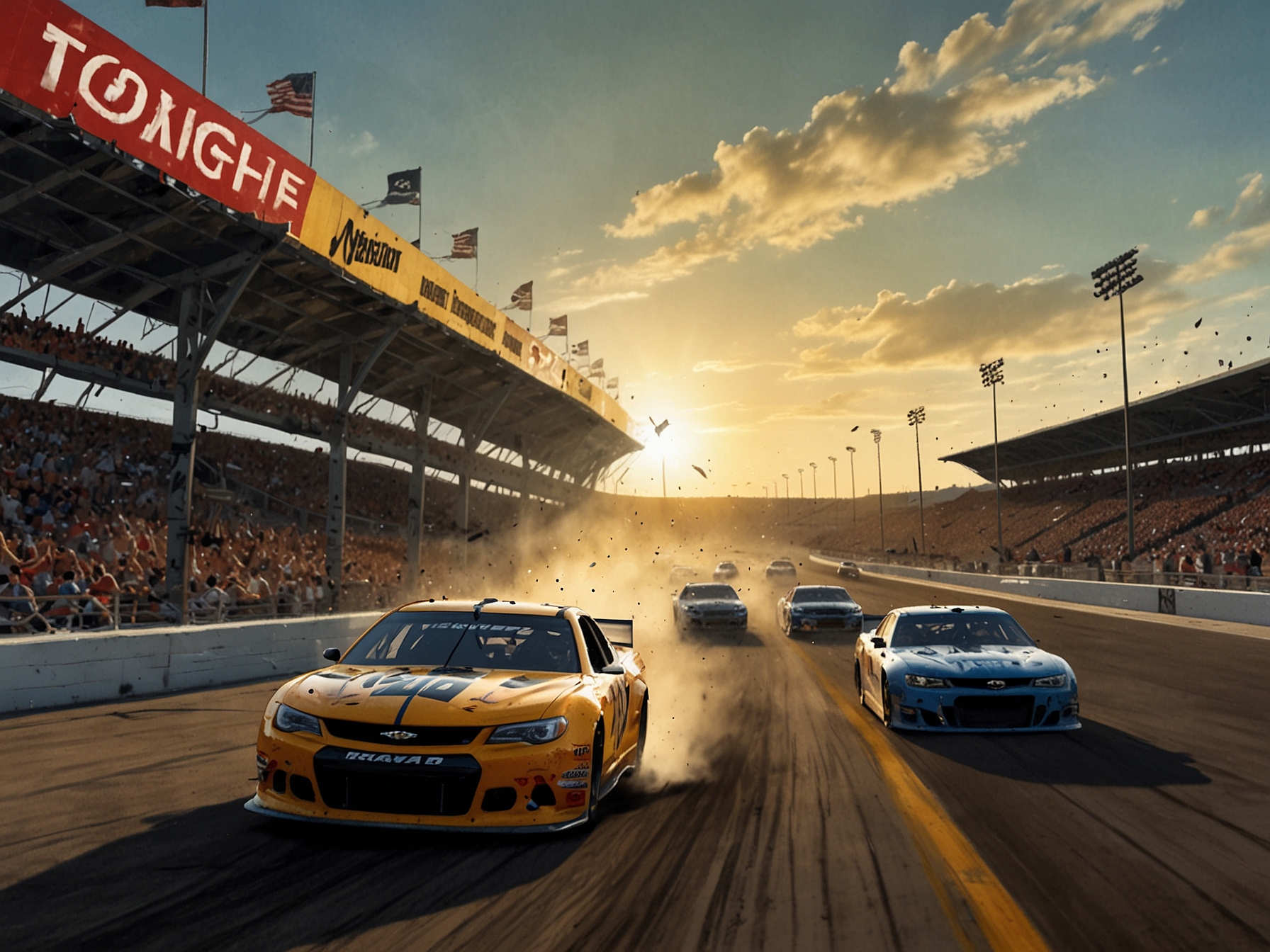 A thrilling NASCAR race at Iowa Speedway, showcasing cars battling in close quarters on the 0.875-mile track with vibrant fans in the stands creating an electrifying atmosphere.
