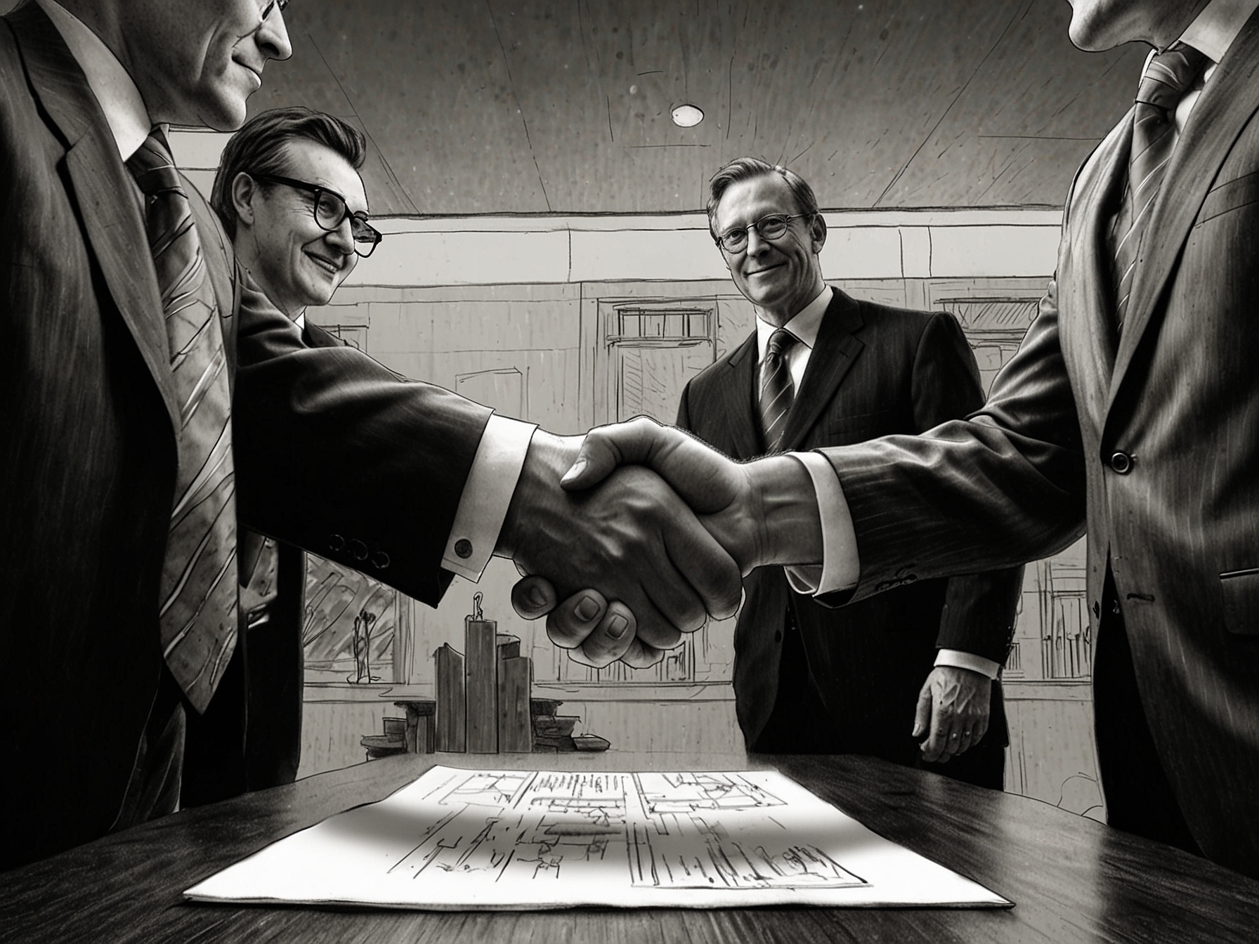 An illustration depicting a handshake between representatives of Advent International and Fisher Investments, symbolizing the strategic partnership and mutual growth potential.