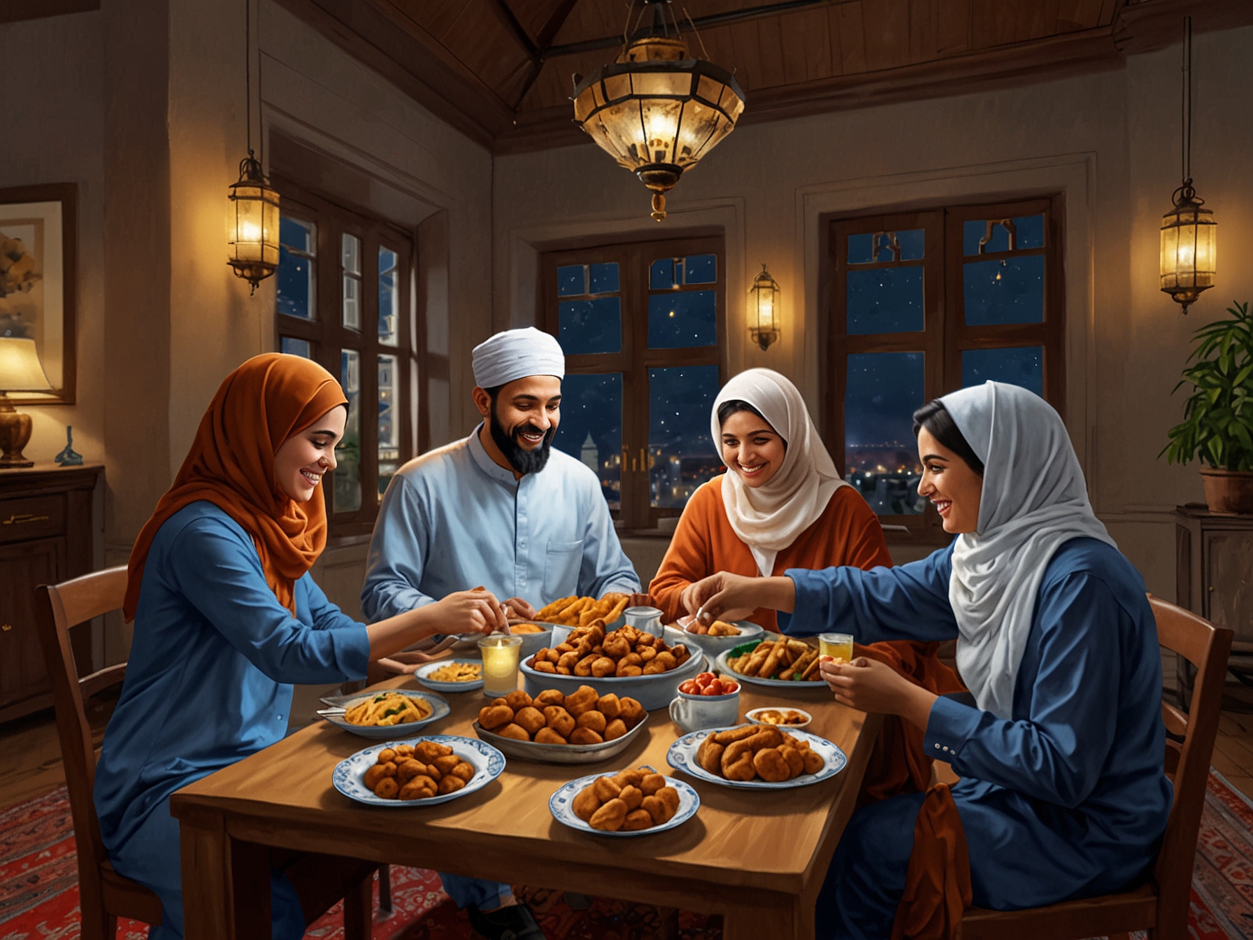 A family celebrating Eid al-Adha, sharing a festive meal together, capturing the cultural and religious significance of the holiday that leads to the closure of the stock exchanges in India.
