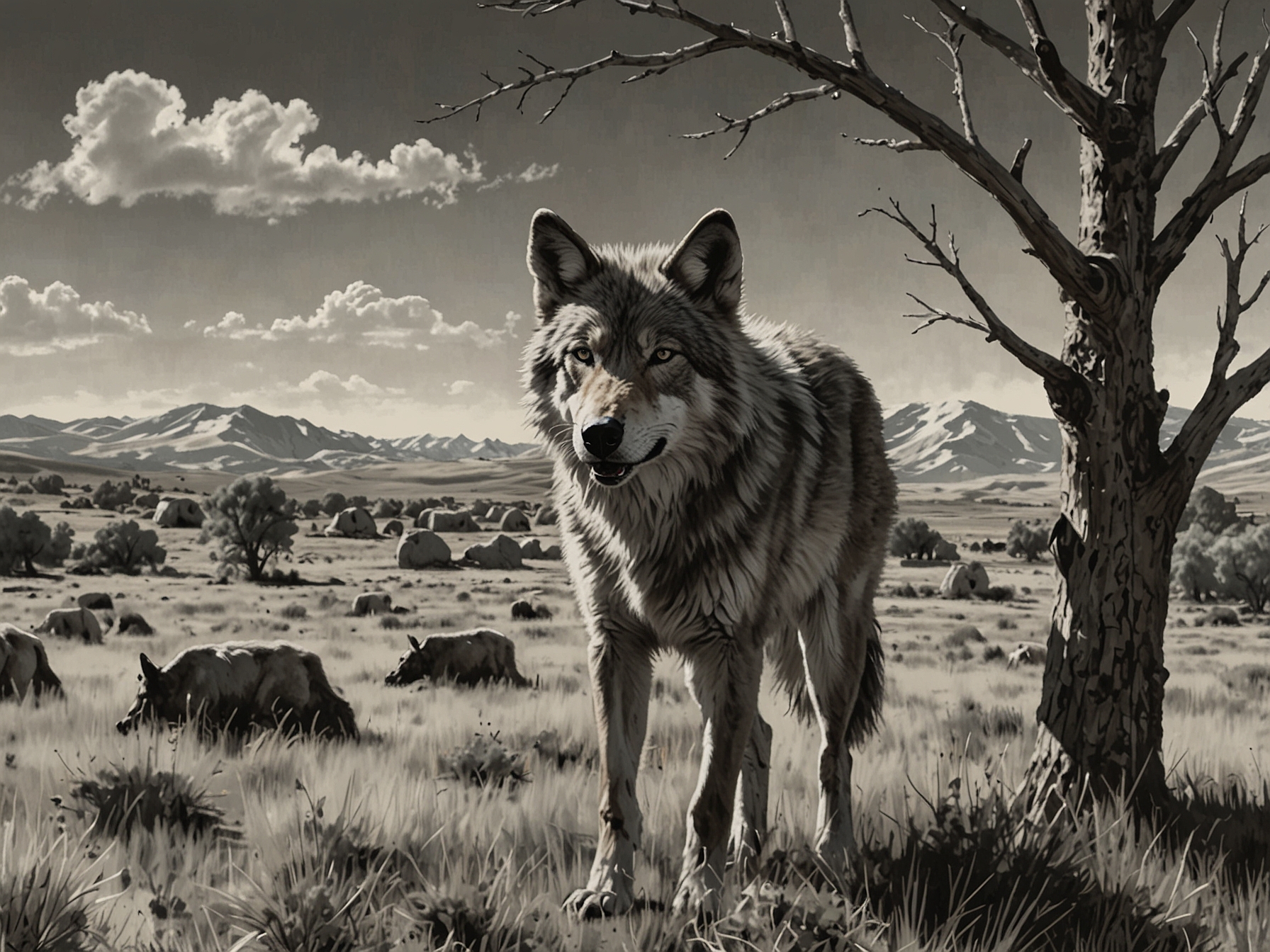 A wolf seen in a Colorado ranch landscape, symbolizing the growing concerns of cattle predation among local ranchers and the ensuing debates for wildlife management strategies.