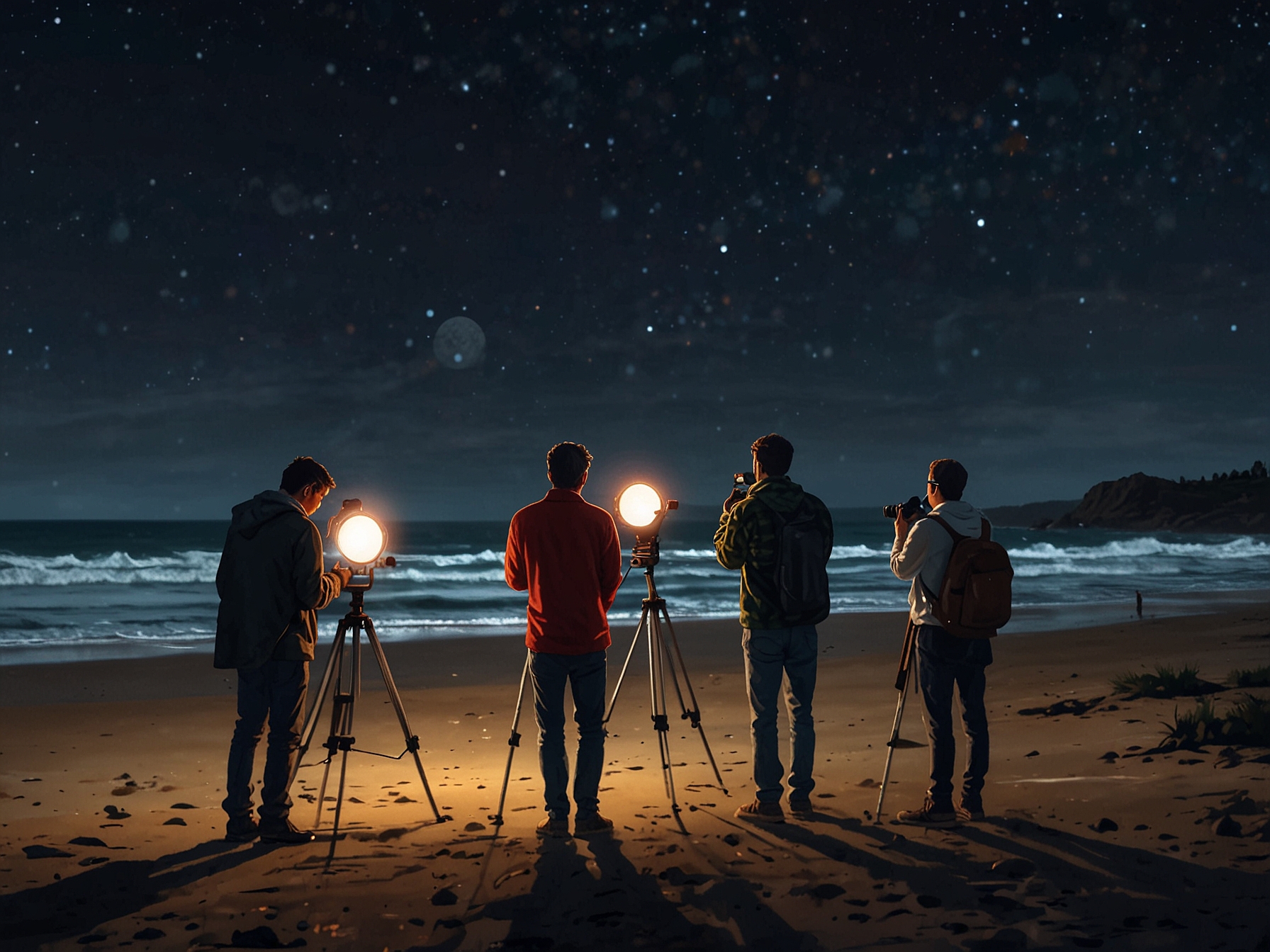Observers equipped with telescopes at a remote beach, away from city lights, marvel at the bright celestial display of the Strawberry Solstice Moon and aligned planets.