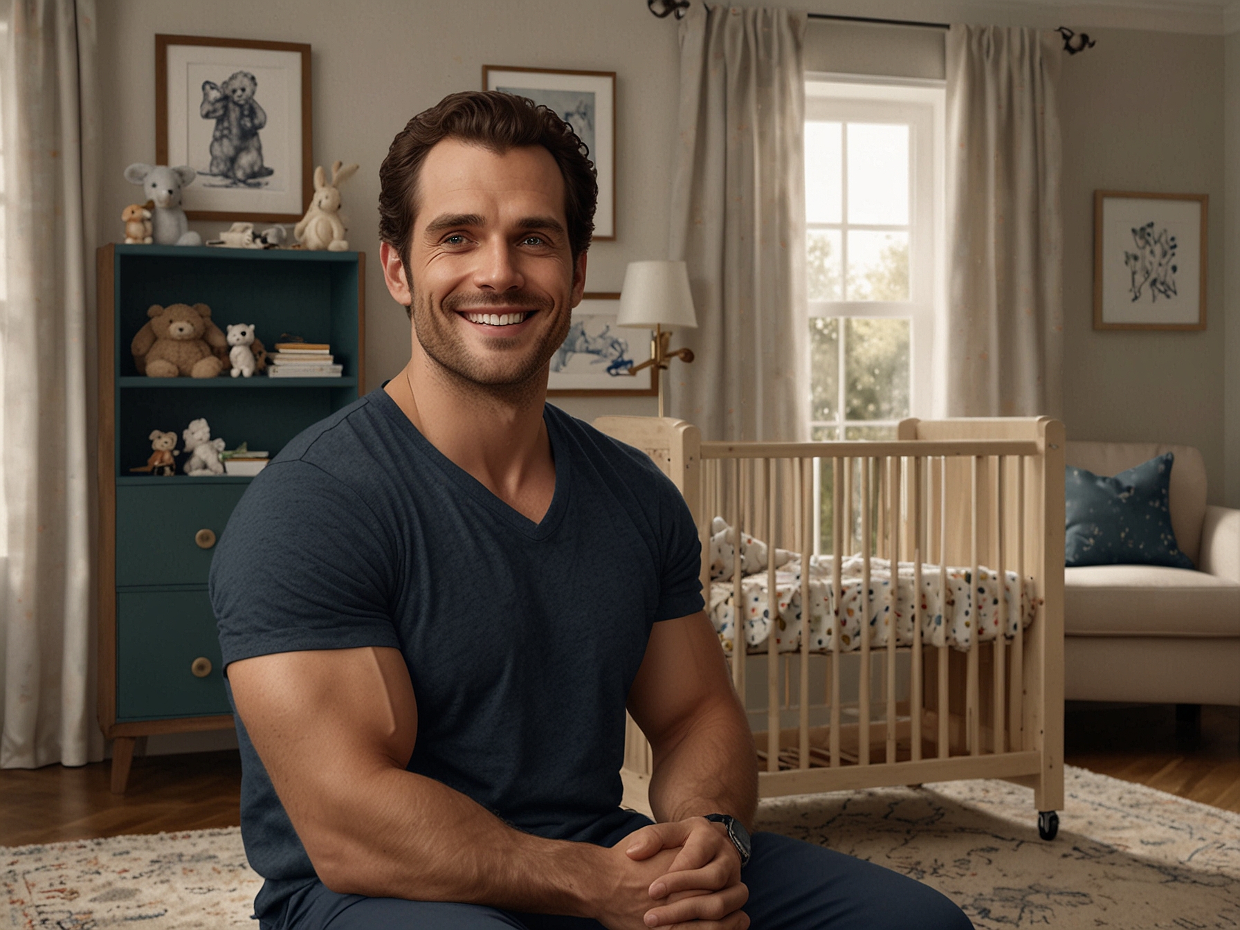 Henry Cavill smiles warmly as he sits in a cozy, meticulously decorated nursery, showcasing a beautiful crib and baby essentials, symbolizing his anticipation for fatherhood.