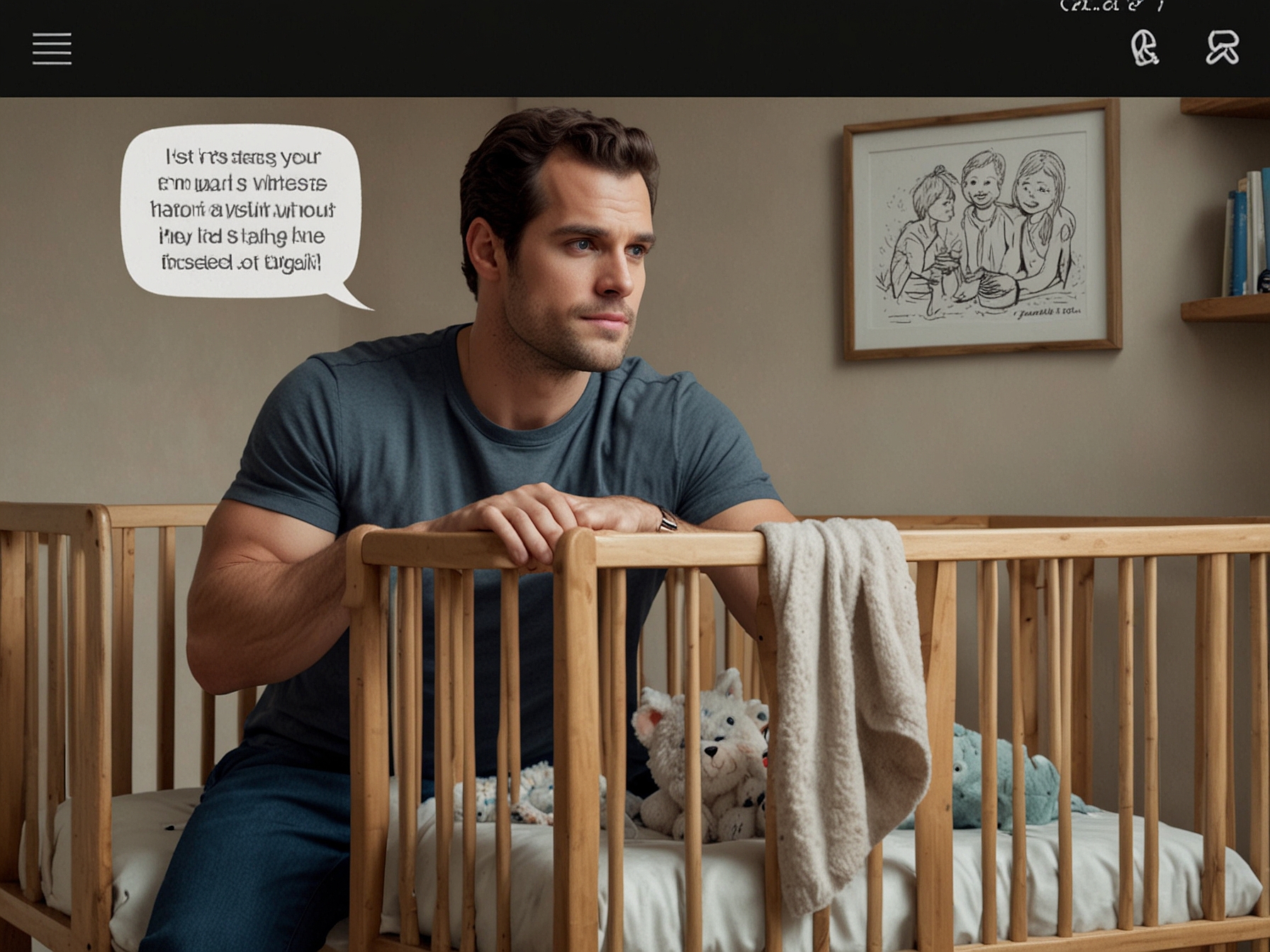 Screenshot of Henry Cavill's Instagram post, featuring a playful message asking for parenting tips alongside an image of a charming nursery with hobby items stored temporarily in the crib.