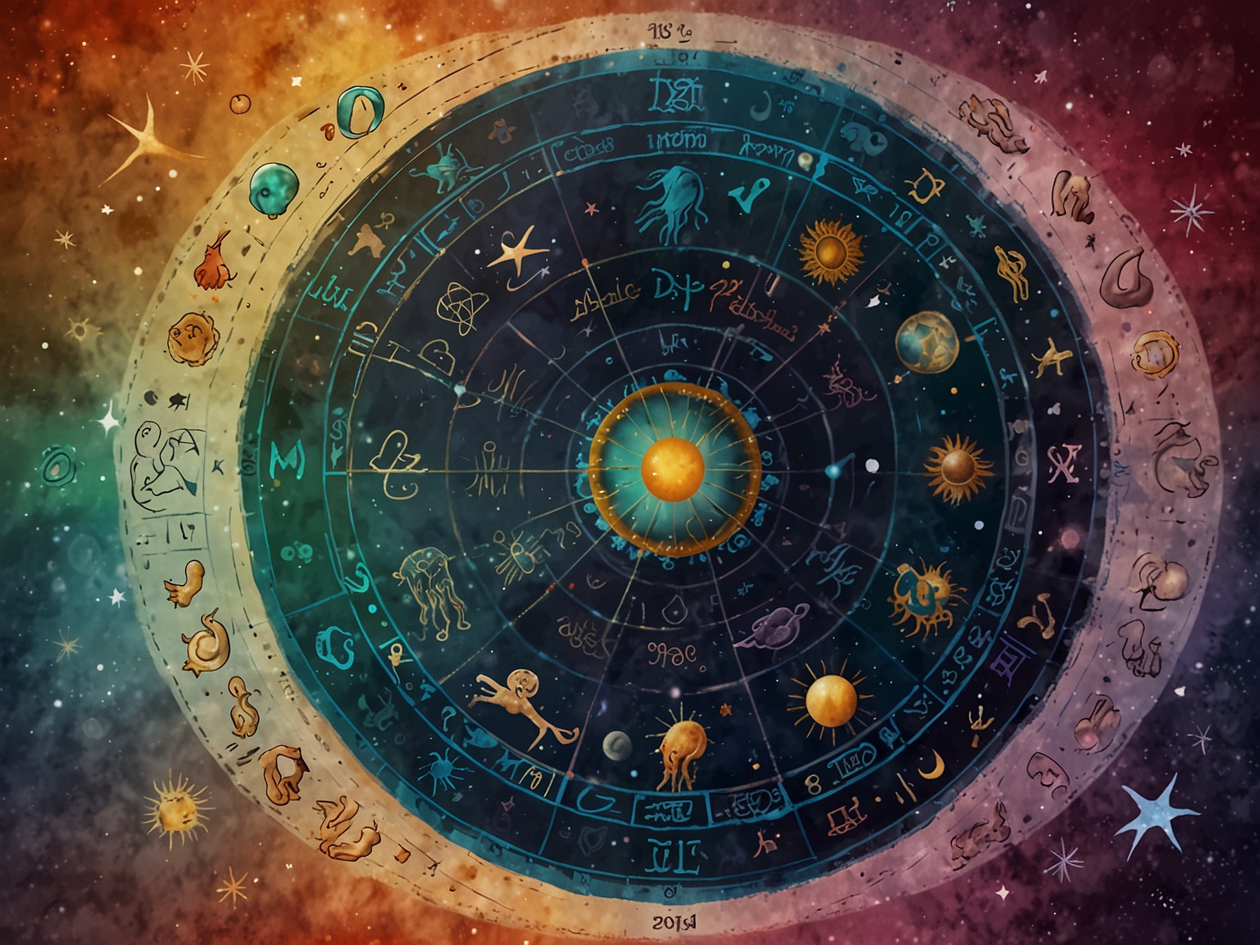 A colorful chart displaying the positions of zodiac signs on June 18, 2024, with astrological symbols and cosmic patterns showing the dynamic energy of the day.
