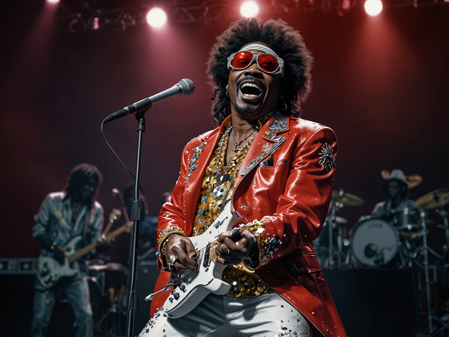 Bootsy Collins passionately performs on stage, his iconic star sunglasses and flamboyant costume capturing the essence of his funky persona and stage presence.