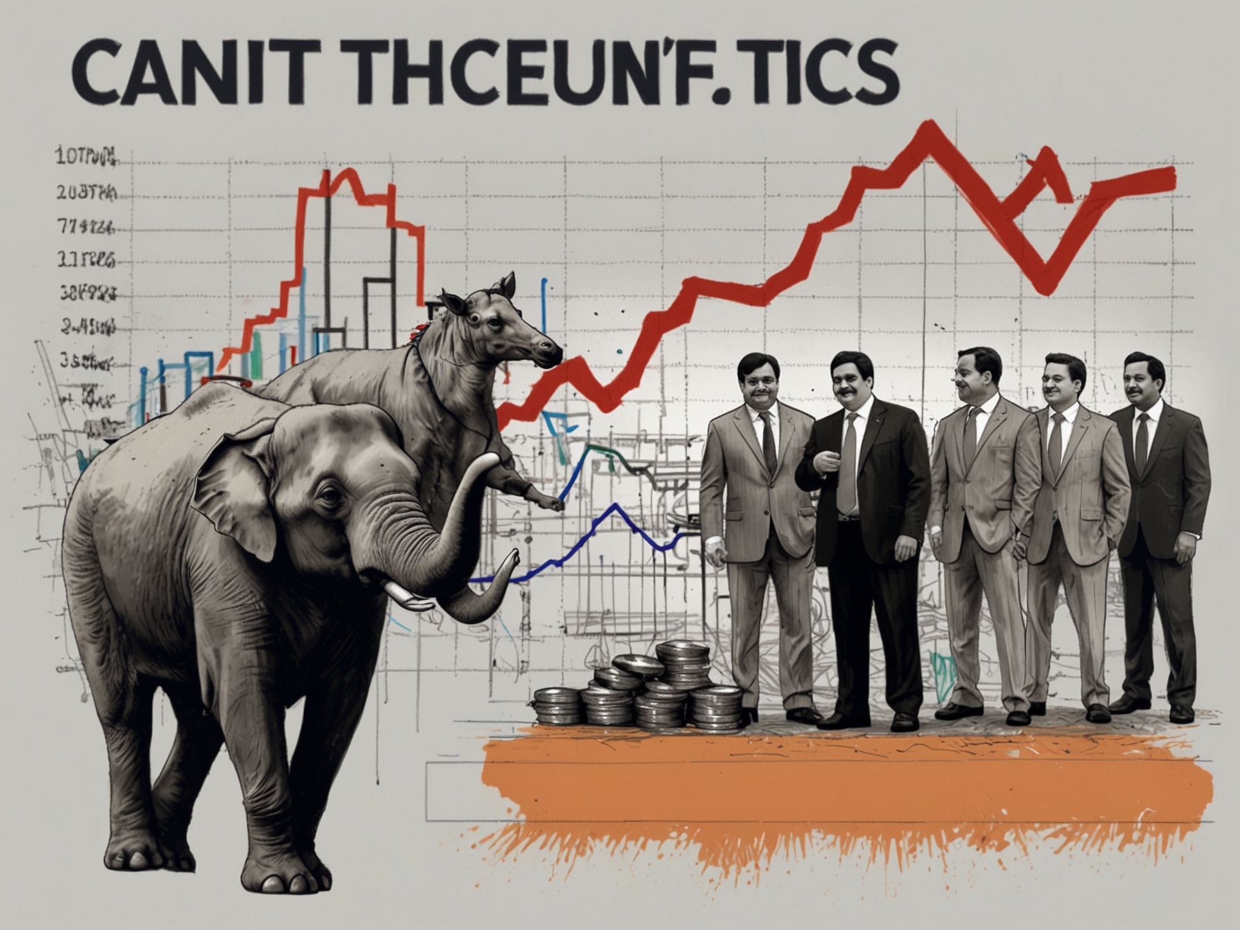 Representation of key stocks TCS and Adani Enterprises performing well in the market, with icons of economic data and global indices supporting investor confidence.