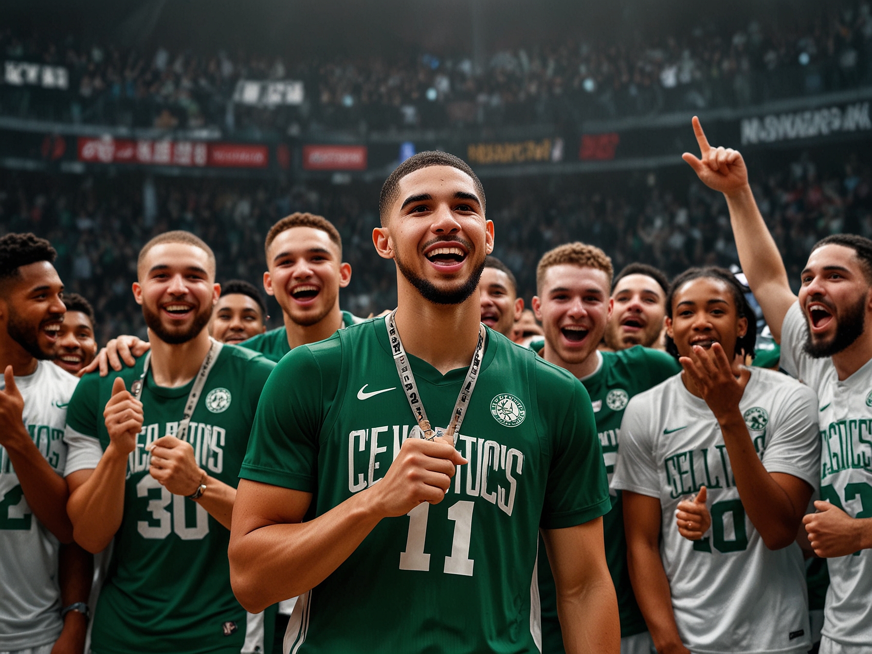 Jayson Tatum, visibly emotional, holding the NBA Championship trophy, surrounded by cheering teammates and fans. His expression of joy captures the essence of the Celtics' hard-earned victory.