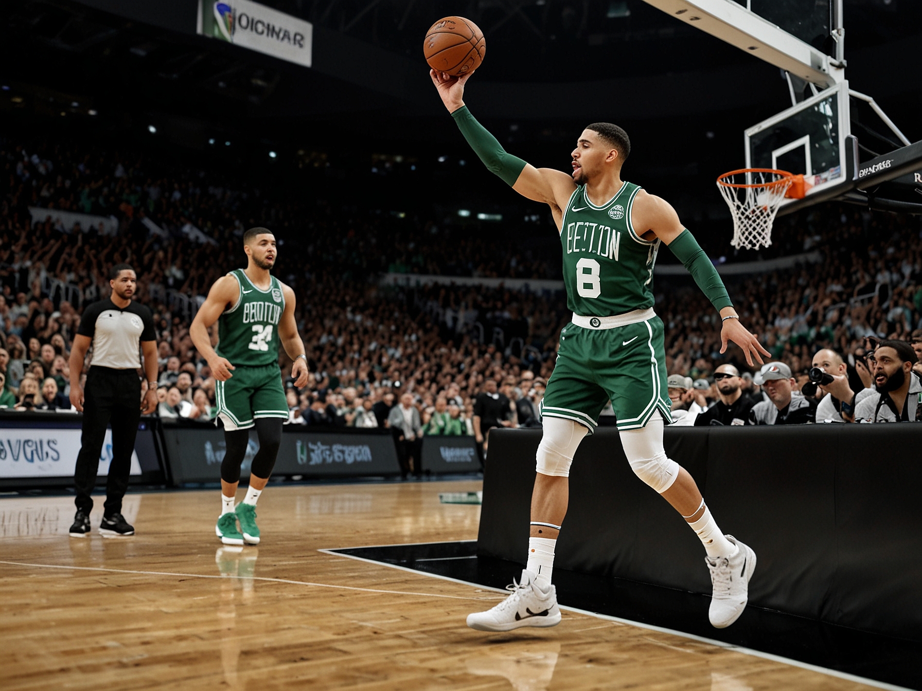 The final moment of the decisive fifth game, with Jayson Tatum making a crucial play. Fans in the background are on their feet, encapsulating the tension and excitement of the championship win.