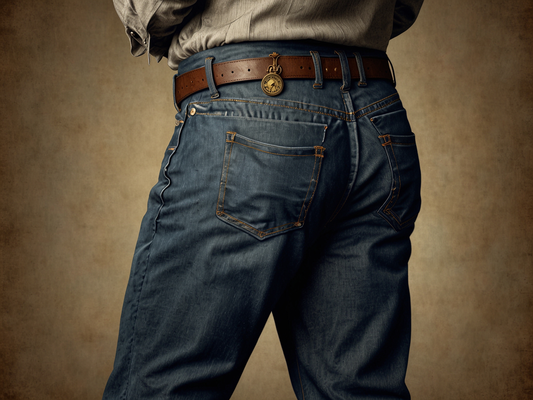 An 1870s-era man wearing early denim jeans with the newly introduced small pocket, showcasing its original purpose of securely holding a pocket watch.