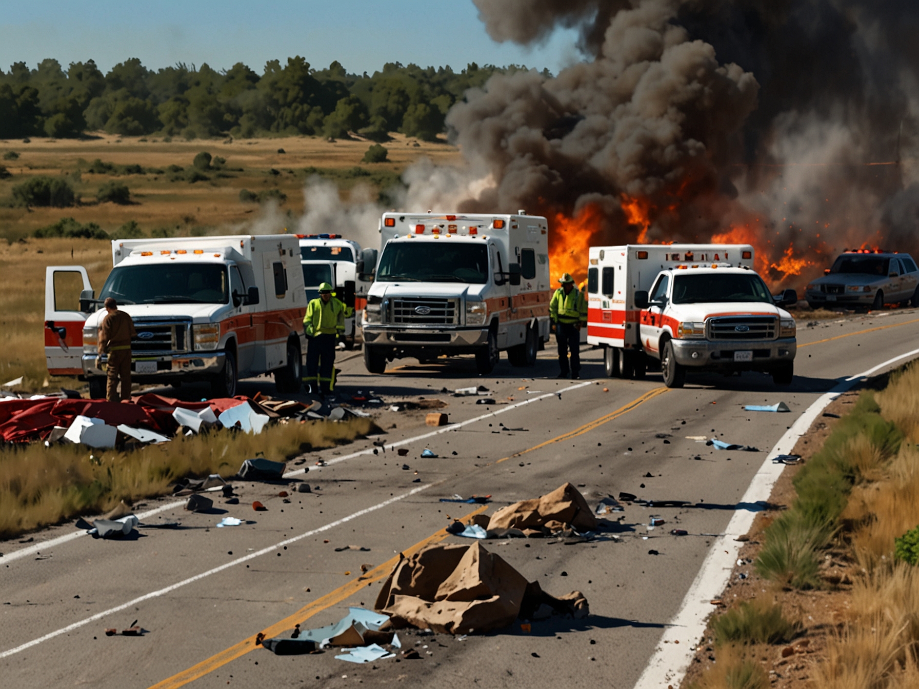 Emergency responders at the crash site of the Tecnam P2006T along Interstate 25, working amid debris to secure the area and provide aid. Traffic is visibly disrupted by the event.