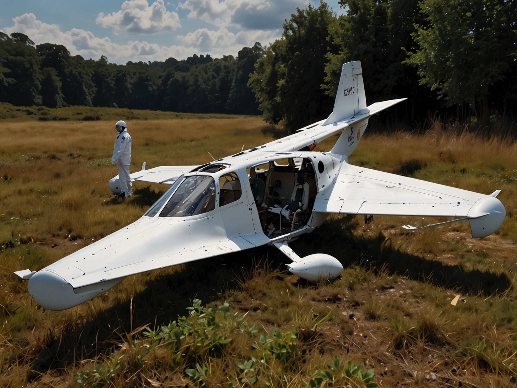 A close-up of the wreckage of the Tecnam P2006T aircraft, with investigators examining the site for clues. The scene is cordoned off, ensuring safety during the investigation.