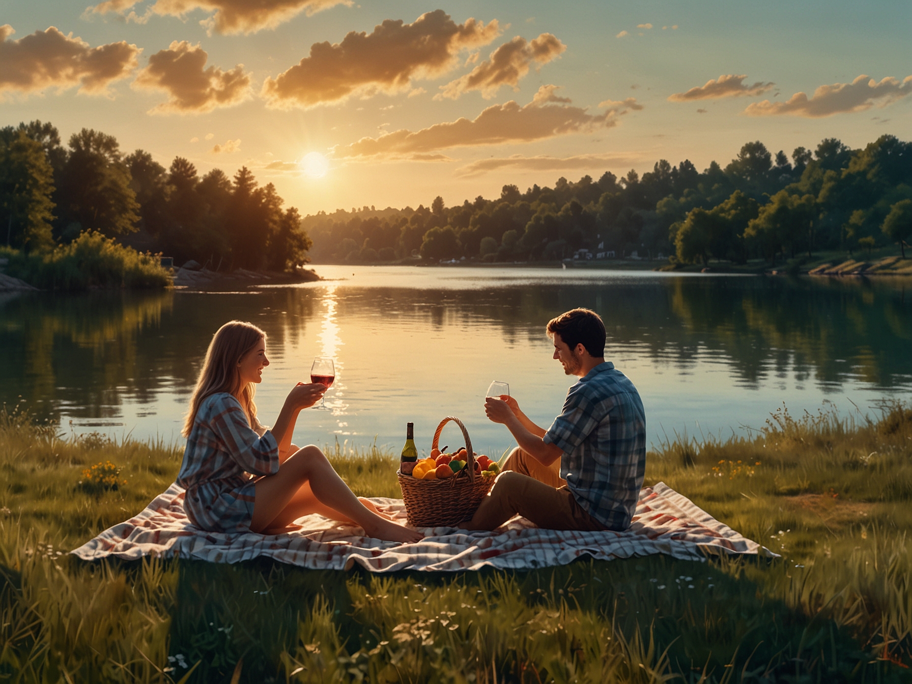 A serene lakeside picnic featuring a couple seated on a cozy blanket, surrounded by a wicker basket filled with gourmet snacks and a bottle of wine, set against a panoramic water view.