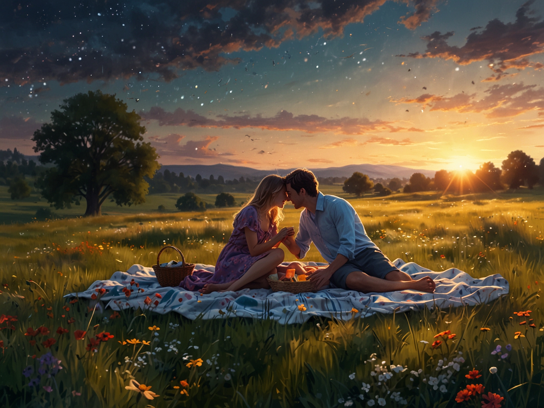 A magical meadow picnic scene showing a couple lying on a vibrant blanket amid blooming wildflowers, enjoying scones and lemonade, with fairy lights adding an enchanting atmosphere.