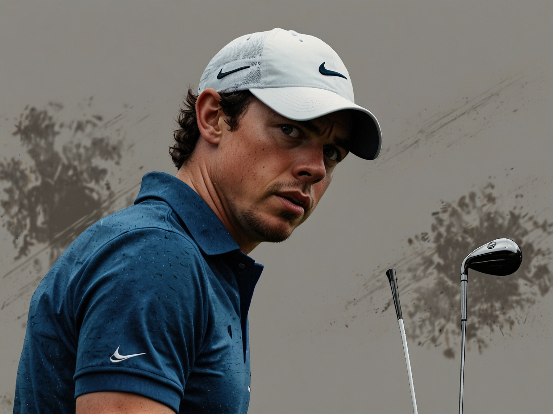 Rory McIlroy during the final round of a major golf tournament, visibly tense and struggling to maintain his lead with each missed putt and wayward drive.