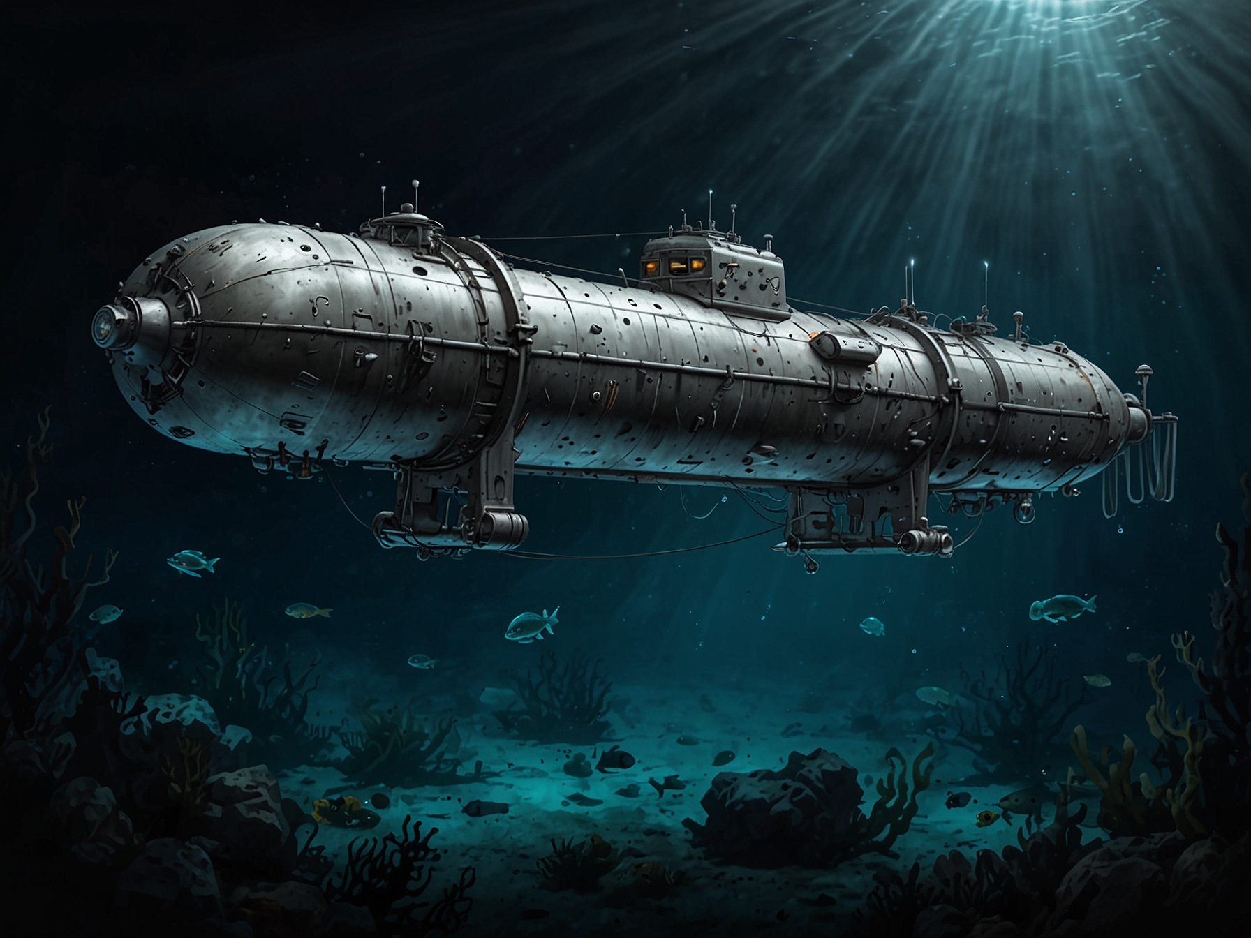 A depiction of modern AUVs and ROVs navigating the ocean floor, showcasing the technological advancements enhancing the safety and productivity of deep-sea exploration.