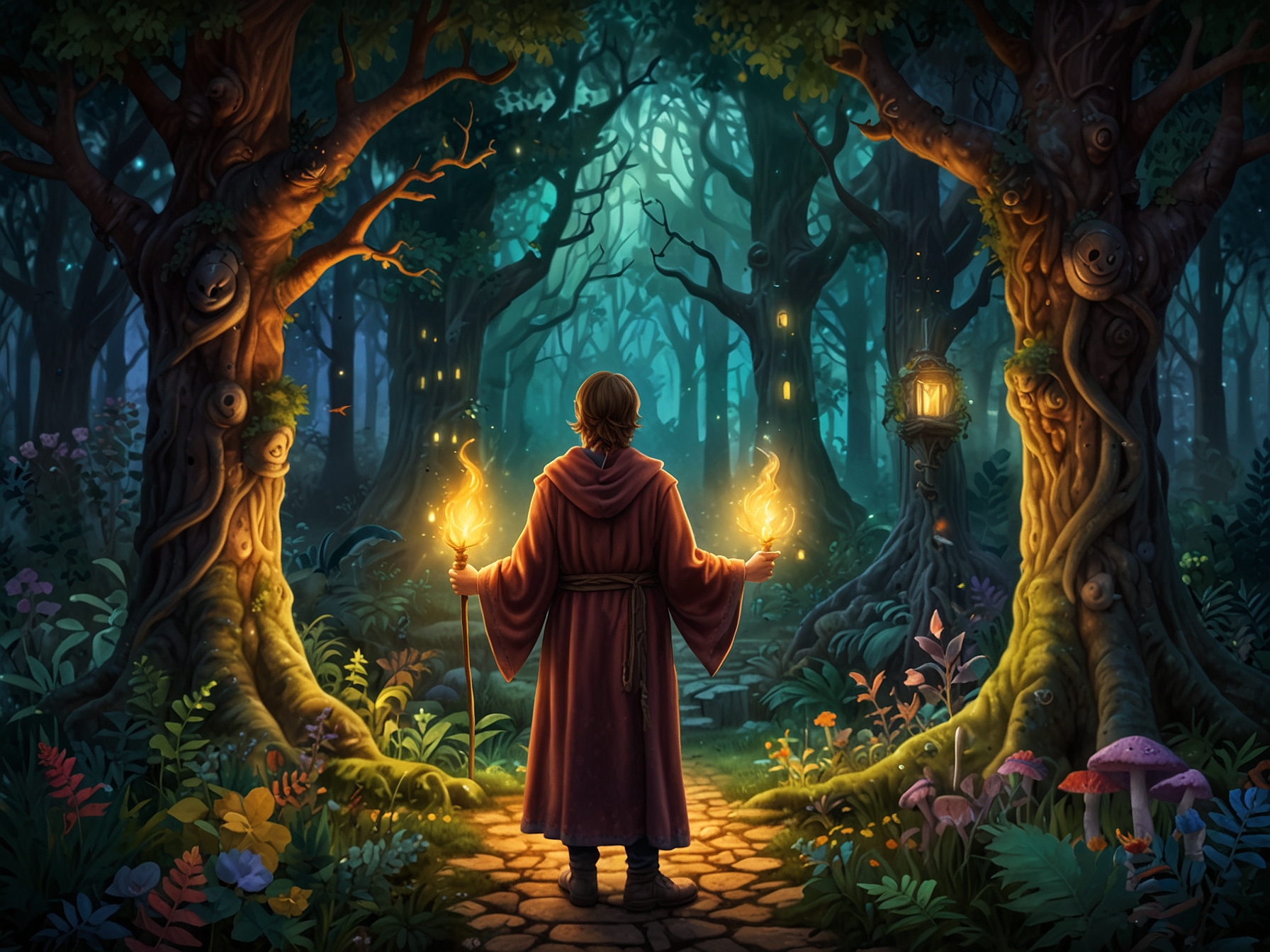 An illustration of 'Mystical Realms: Enchanted Forest' showcasing a young sorcerer in a vibrant, magical forest filled with mythical creatures and intricate puzzles.