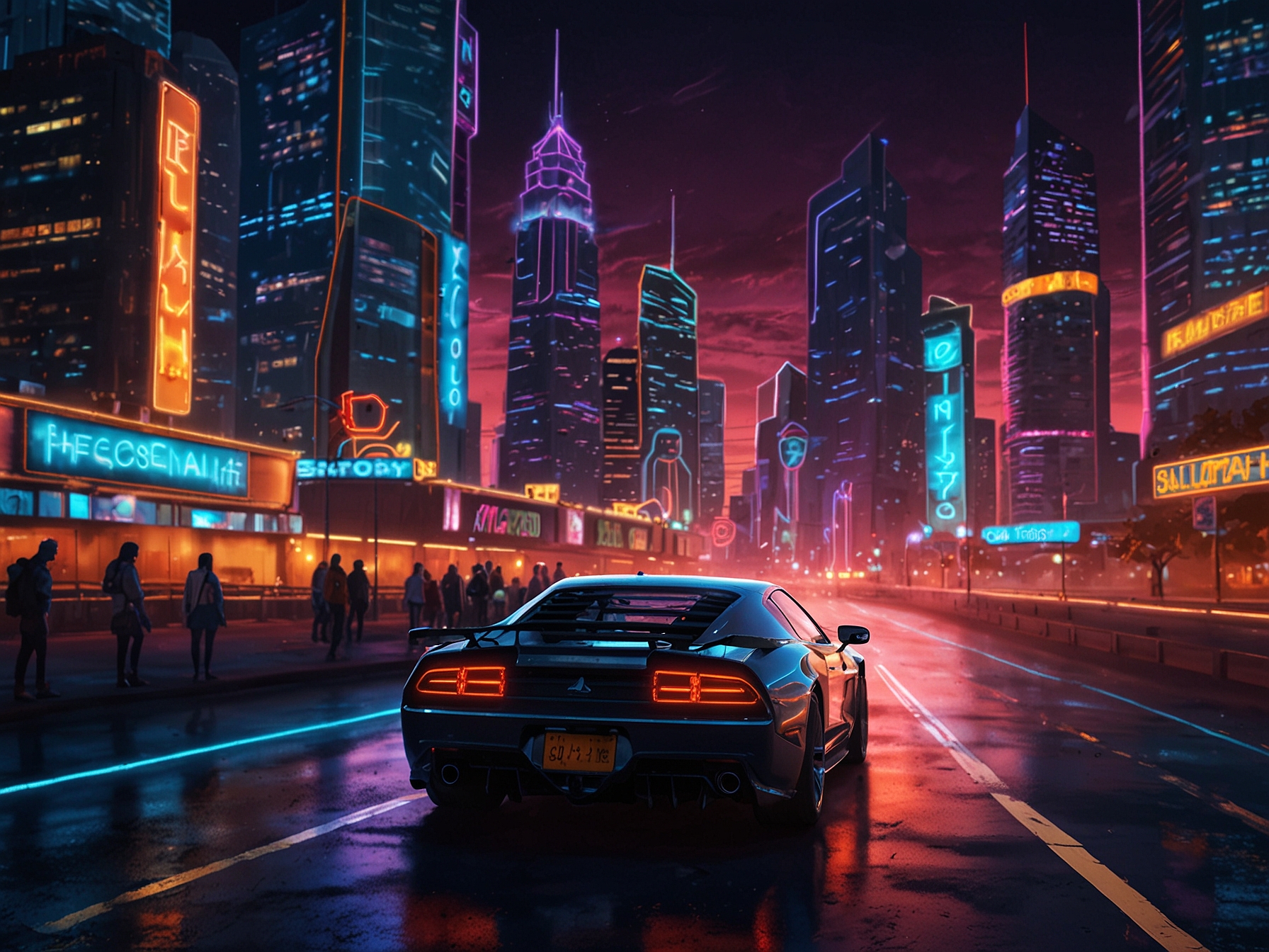 A bustling neon-lit futuristic cityscape from 'Neon Drive: Cyber Escape', featuring high-speed customizable vehicles racing through intricate tracks with obstacles and power-ups.