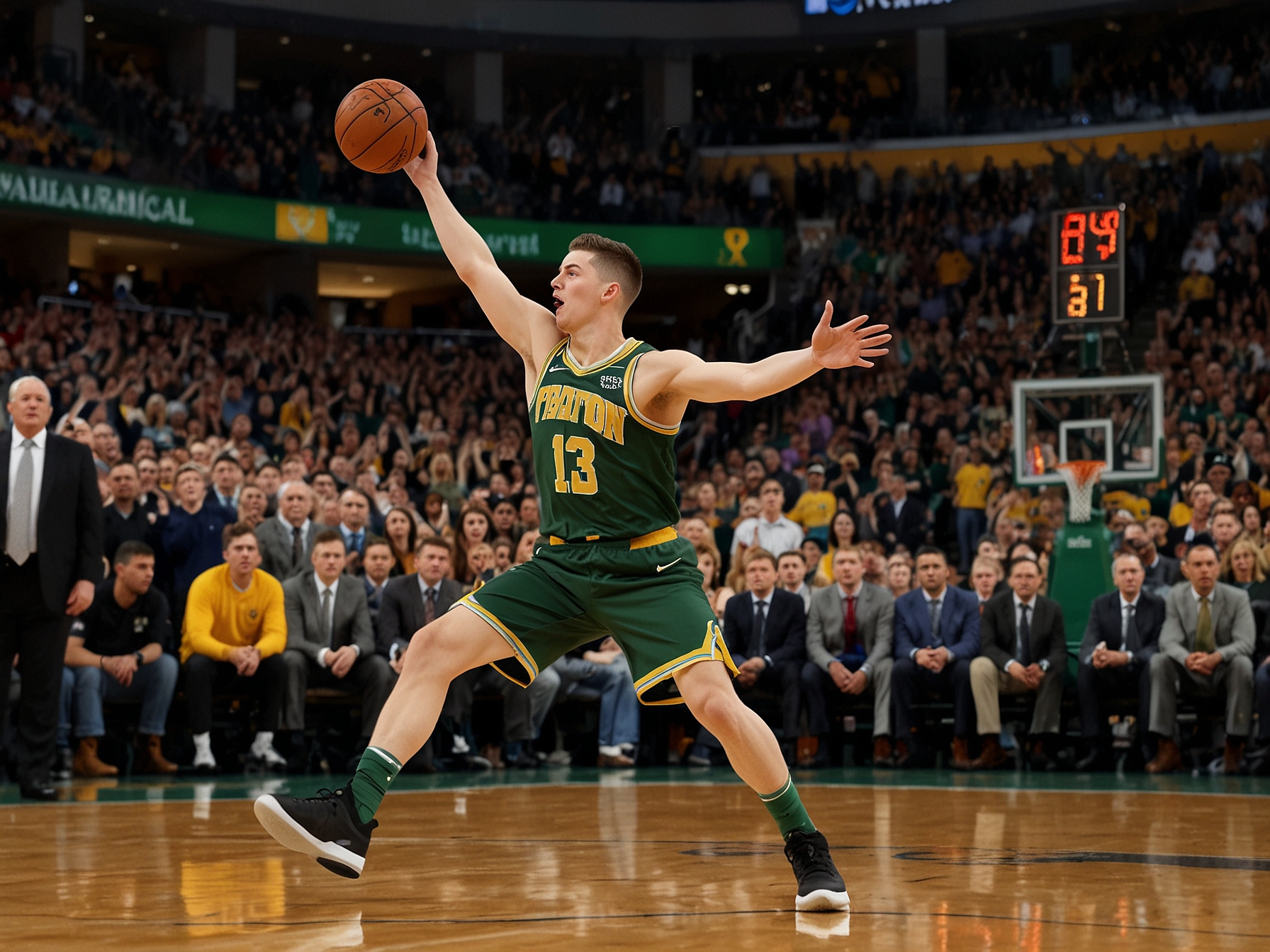 Payton Pritchard mid-action, launching his remarkable half-court buzzer-beater, with the crowd in TD Garden holding their breath in anticipation as the ball soars towards the net.