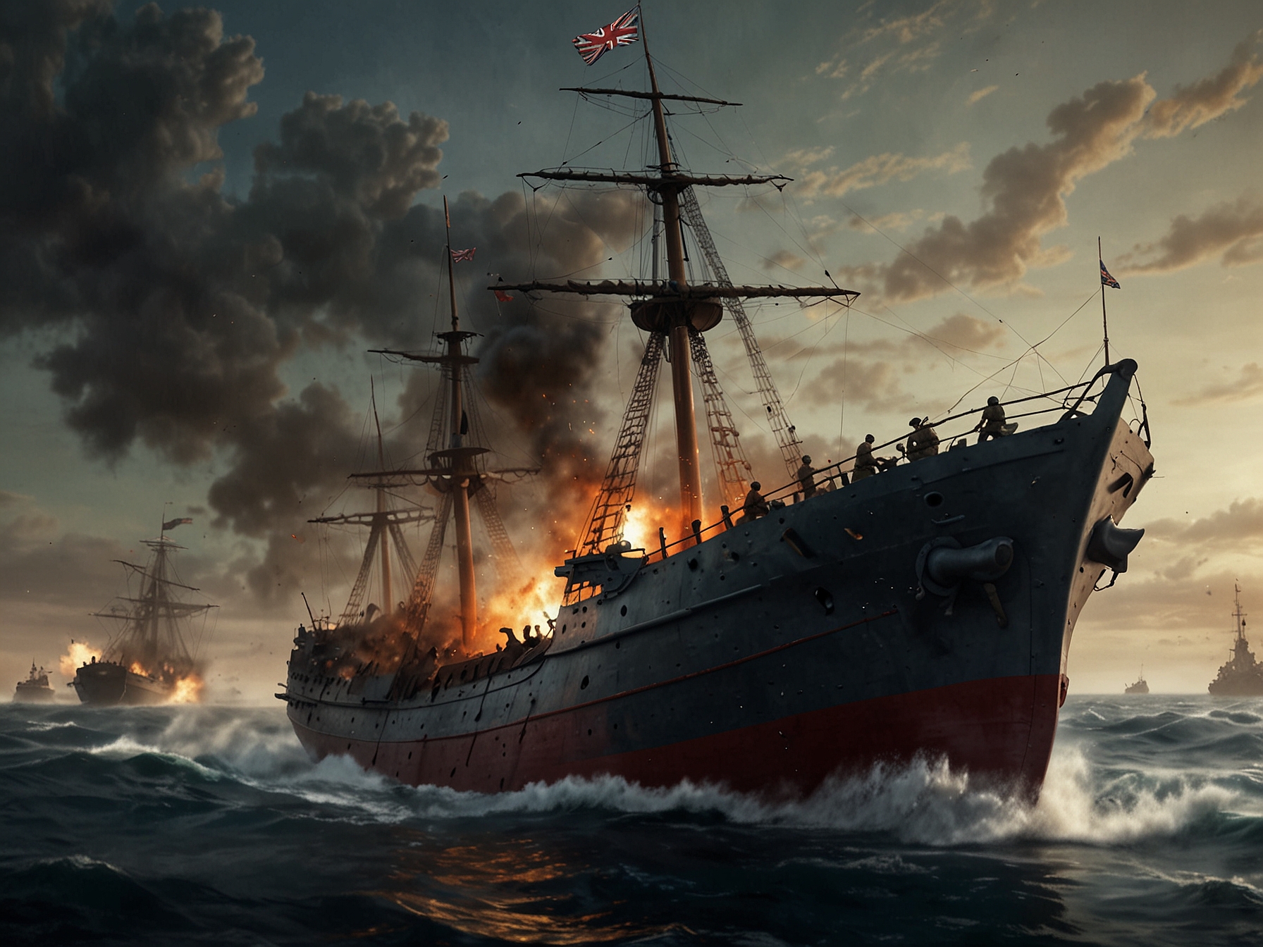 A historical reenactment scene from 'The Last Voyage,' showing a British warship under attack during World War II, setting the stage for the soldiers' subsequent rescue by Chinese villagers.