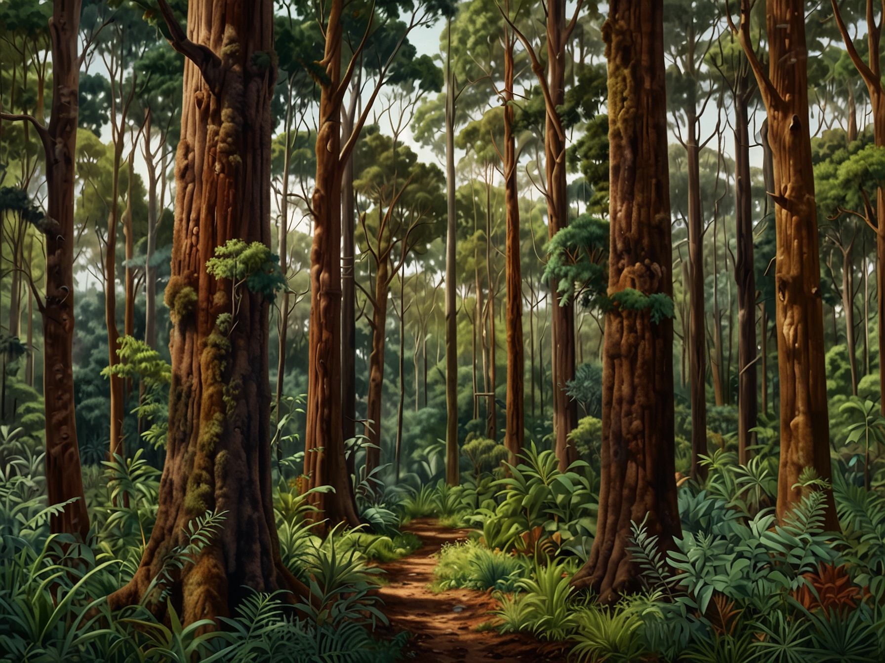A lush, dense section of an Australian native forest showcasing tall eucalypt trees, vibrant mosses, and a variety of other vegetation, highlighting the ecosystem's richness and biodiversity.