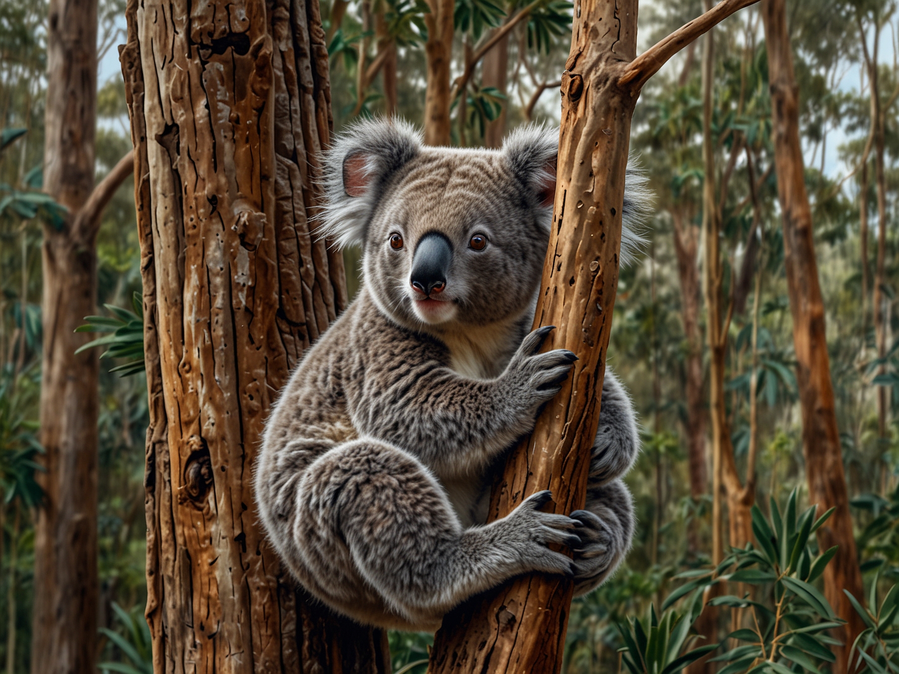 A koala clinging to a tall eucalypt tree in an Australian native forest, symbolizing the unique wildlife that depends on these habitats and illustrating the impact of logging on endangered species.