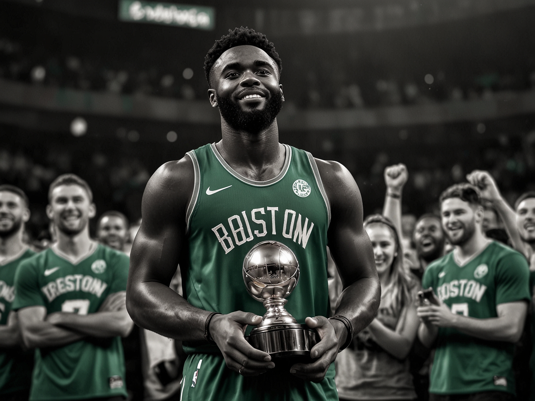 Jaylen Brown holds the Finals MVP trophy with a jubilant expression as Boston Celtics fans cheer in the background, celebrating the team's 2024 NBA Championship victory.