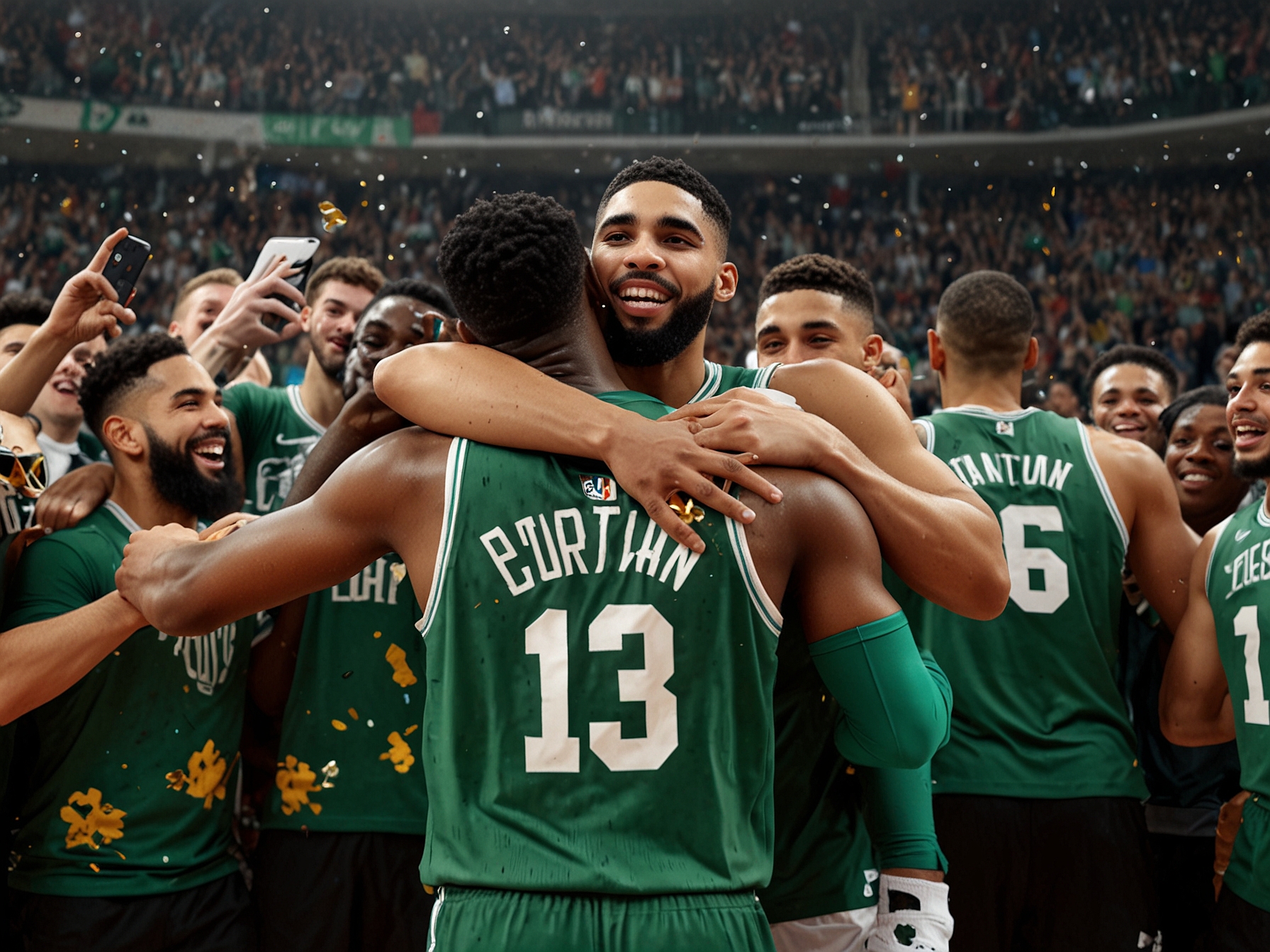 Jaylen Brown and Jayson Tatum embrace on the court, surrounded by teammates and confetti, showcasing the collective effort that led to the Celtics' 2024 NBA title win.