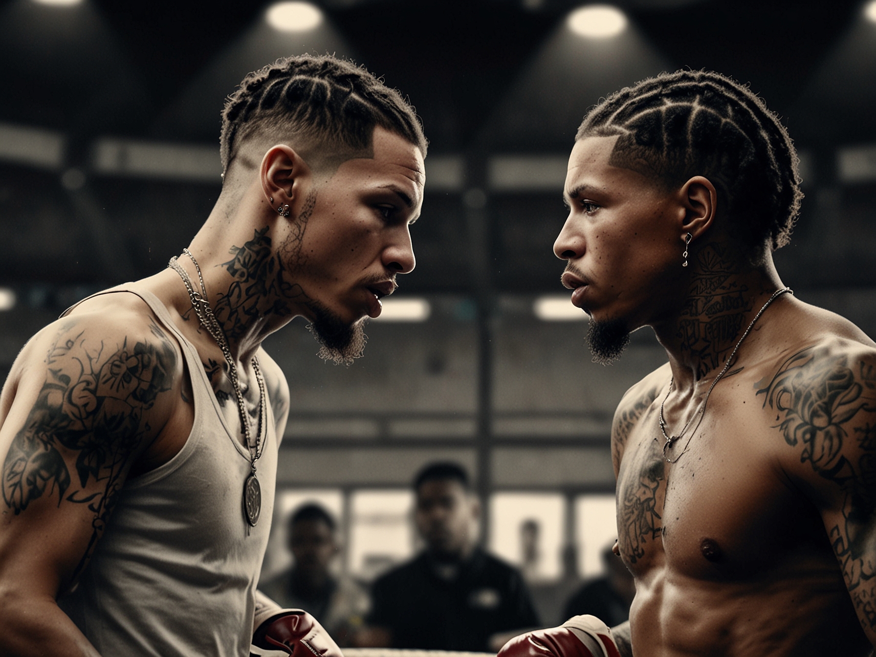 An intense face-off between Sean O'Malley and Gervonta Davis, highlighting the tension and excitement of their potential match-up. O'Malley exudes confidence while Davis remains poised.