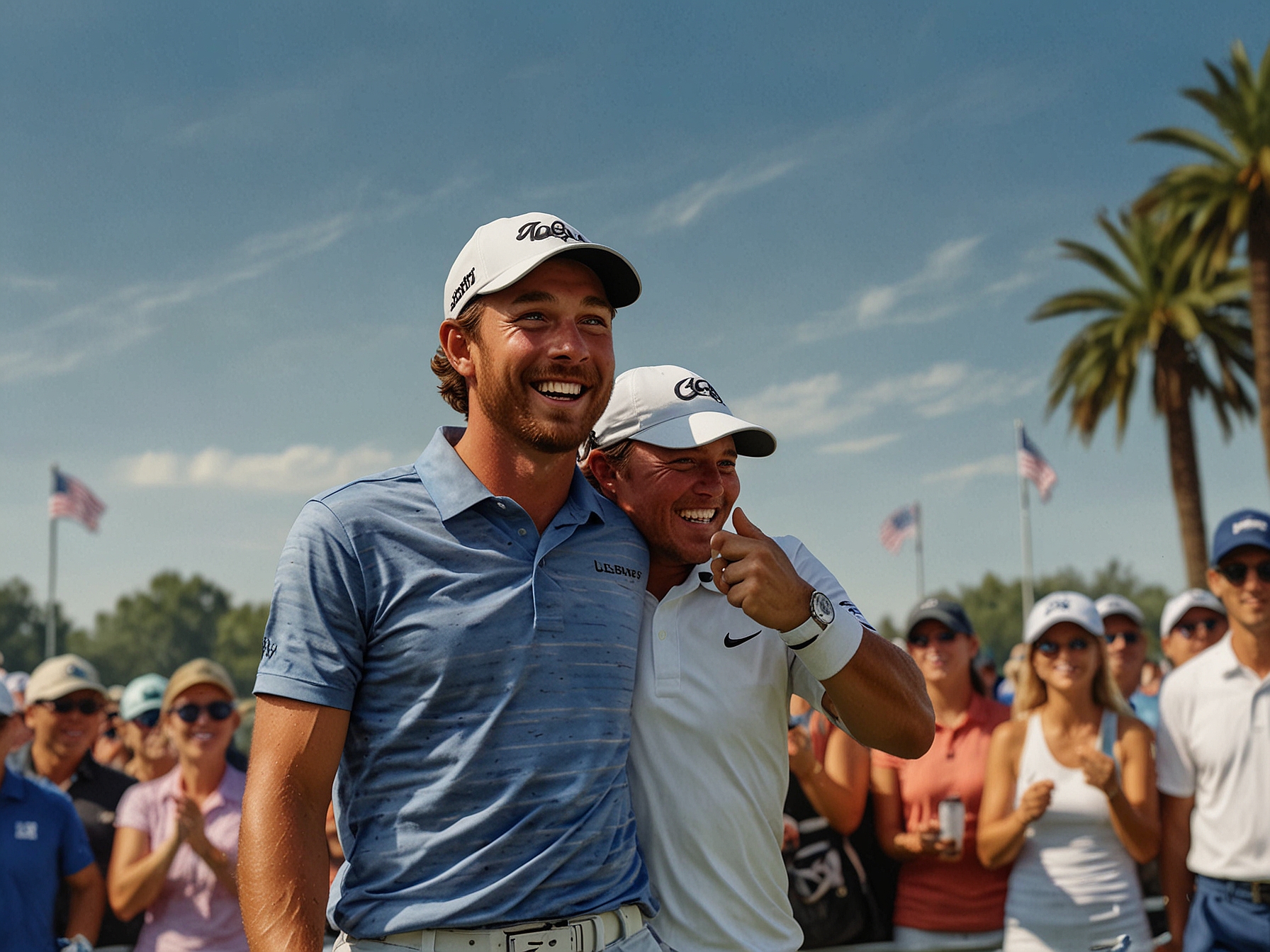 Sam Burns celebrates with his caddie after securing his top-10 finish at the U.S. Open, surrounded by cheering fans, capturing the success and support of his journey.