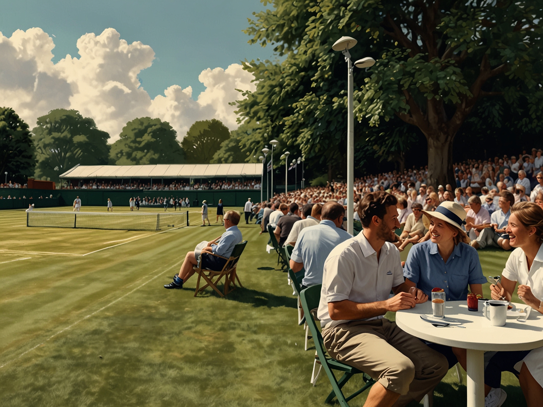 Fans enjoy strawberries and cream while watching matches on the lush grounds of the All England Club, embodying the charm and tradition of Wimbledon.