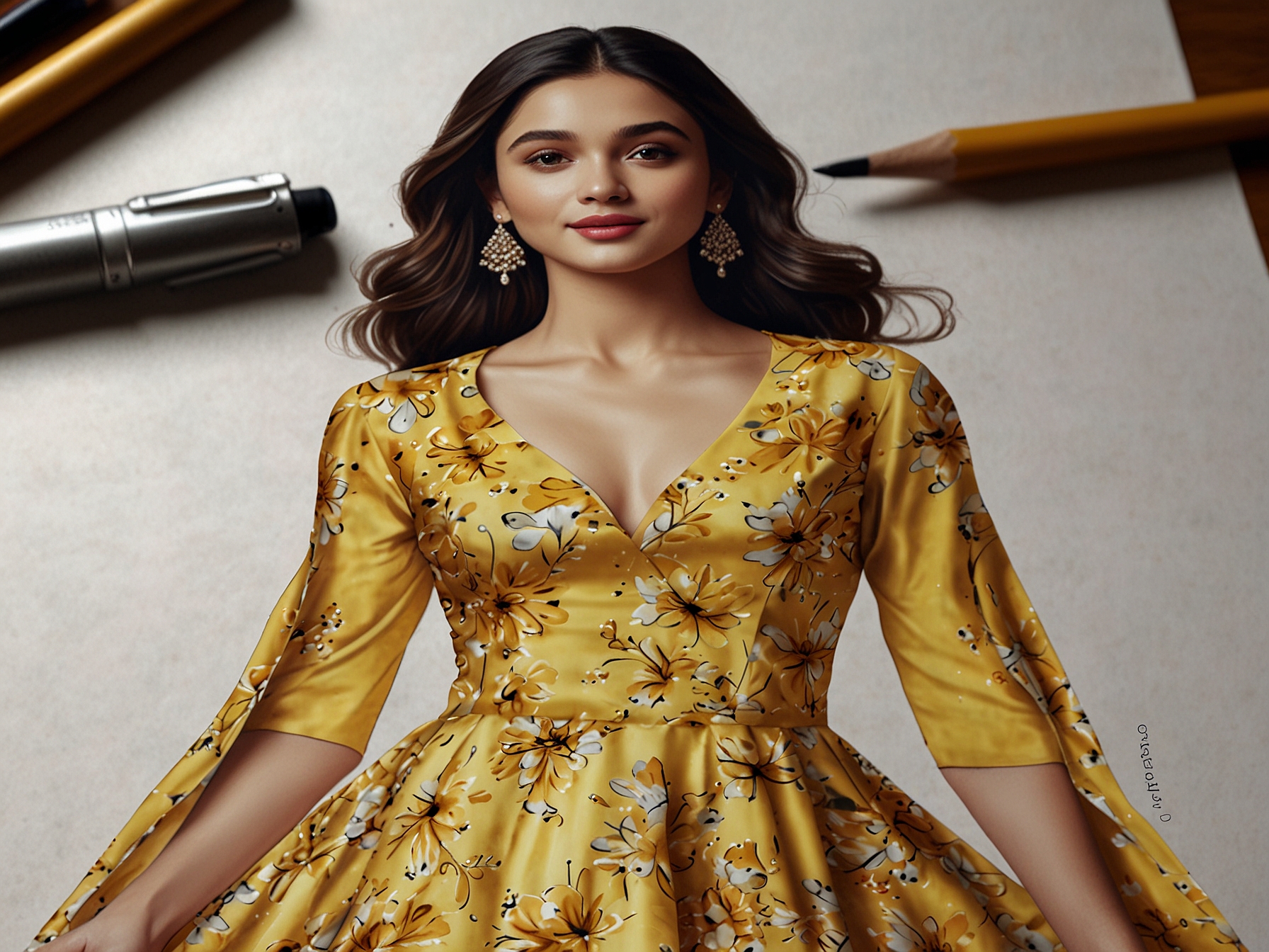 A close-up view of Alia Bhatt's stunning butter yellow floral dress, highlighting its flowing silhouette and intricate floral designs, making a subtle yet striking fashion statement.