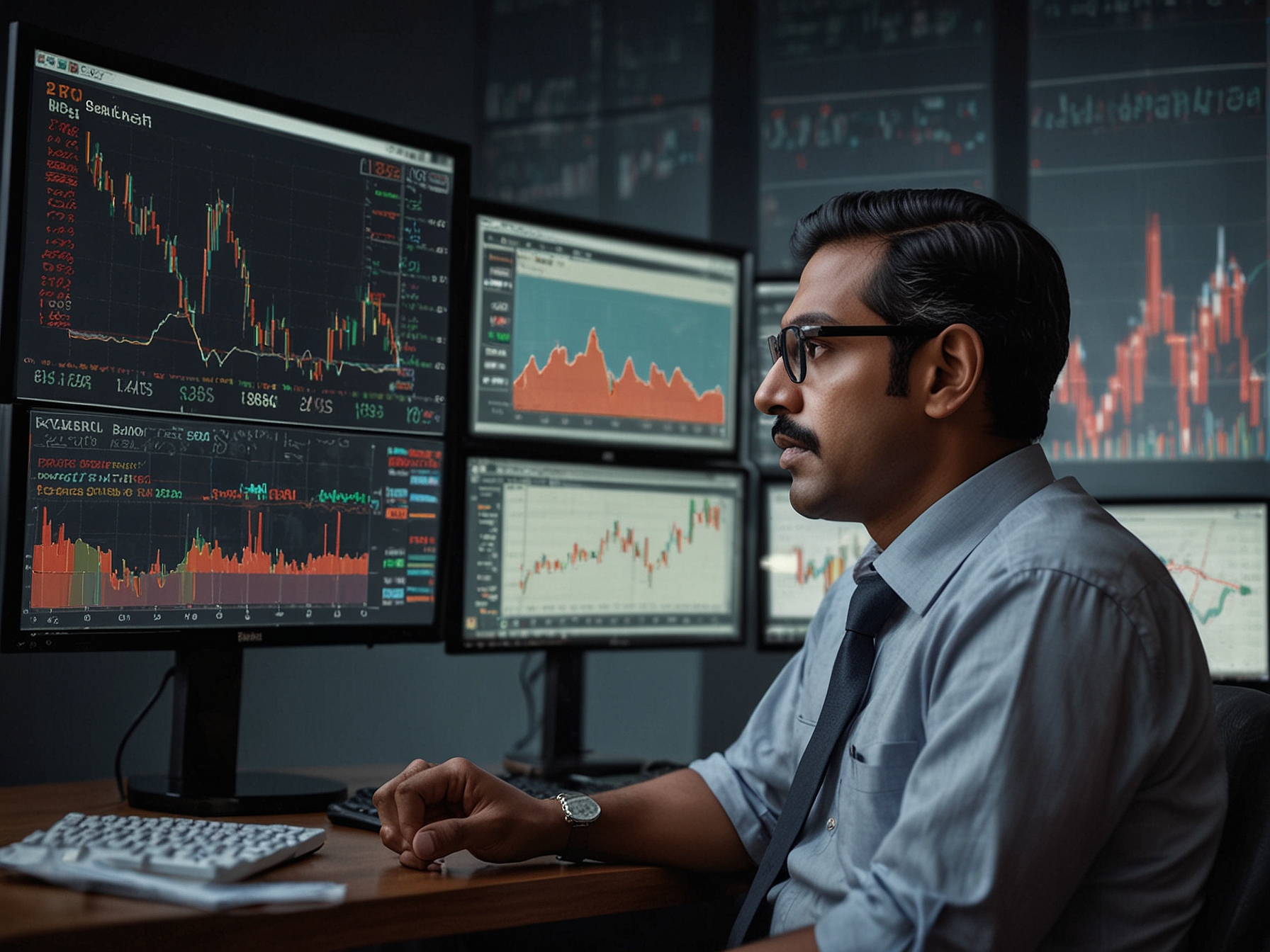 Close-up of a stock market analyst reviewing South Indian Bank's performance on a computer screen, showing charts, financial data, and relevant market trends on 18 June 2024.