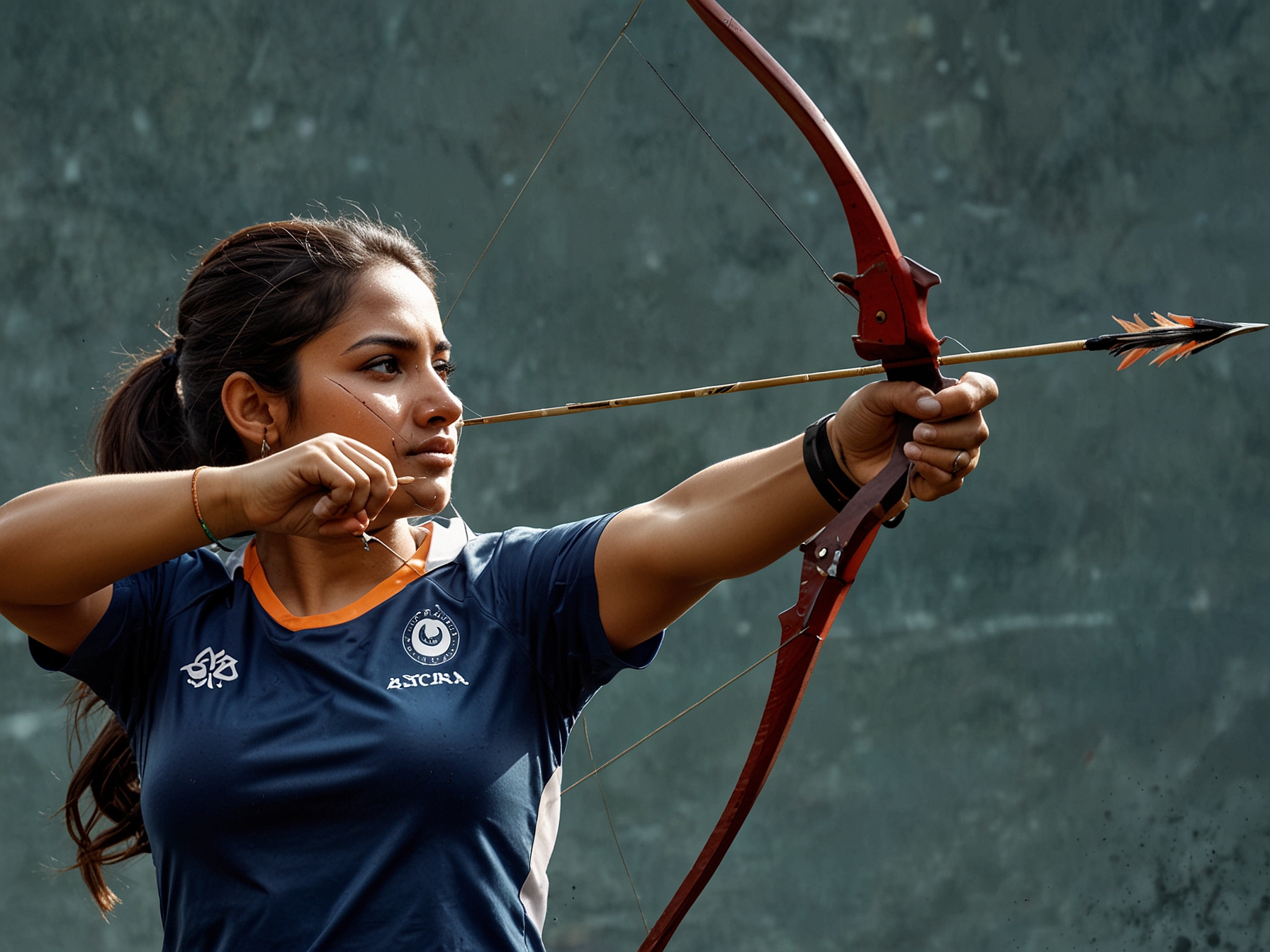 Ankita Bhakat releasing an arrow during a tense archery match, demonstrating her precision and composure which helped her secure an Olympic quota for Paris 2024.