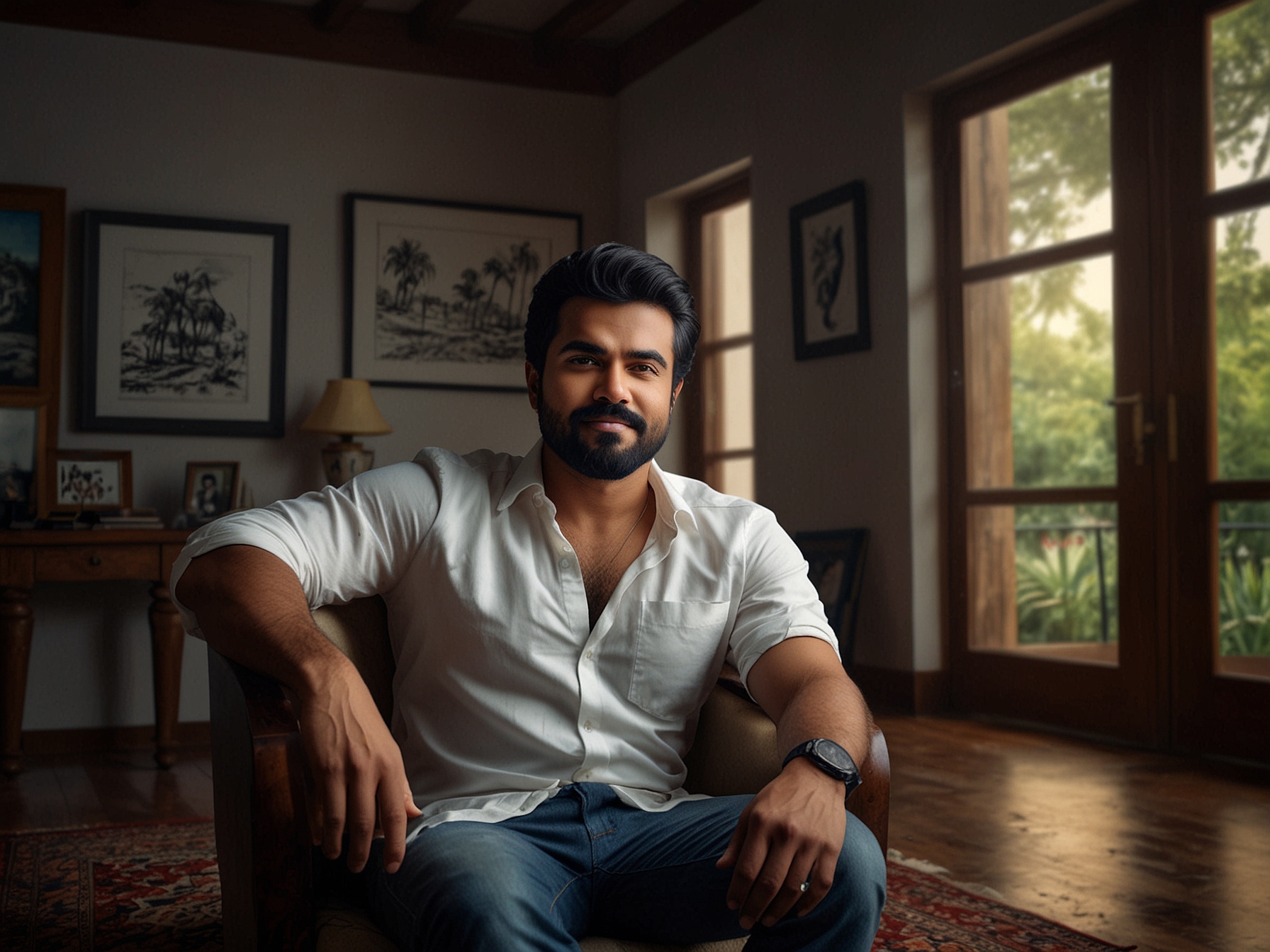 Ram Charan, in his home, enjoying a moment of solitude and reflection shortly after the success of 'RRR.' The setting is relaxed, highlighting the actor's need for introspection.