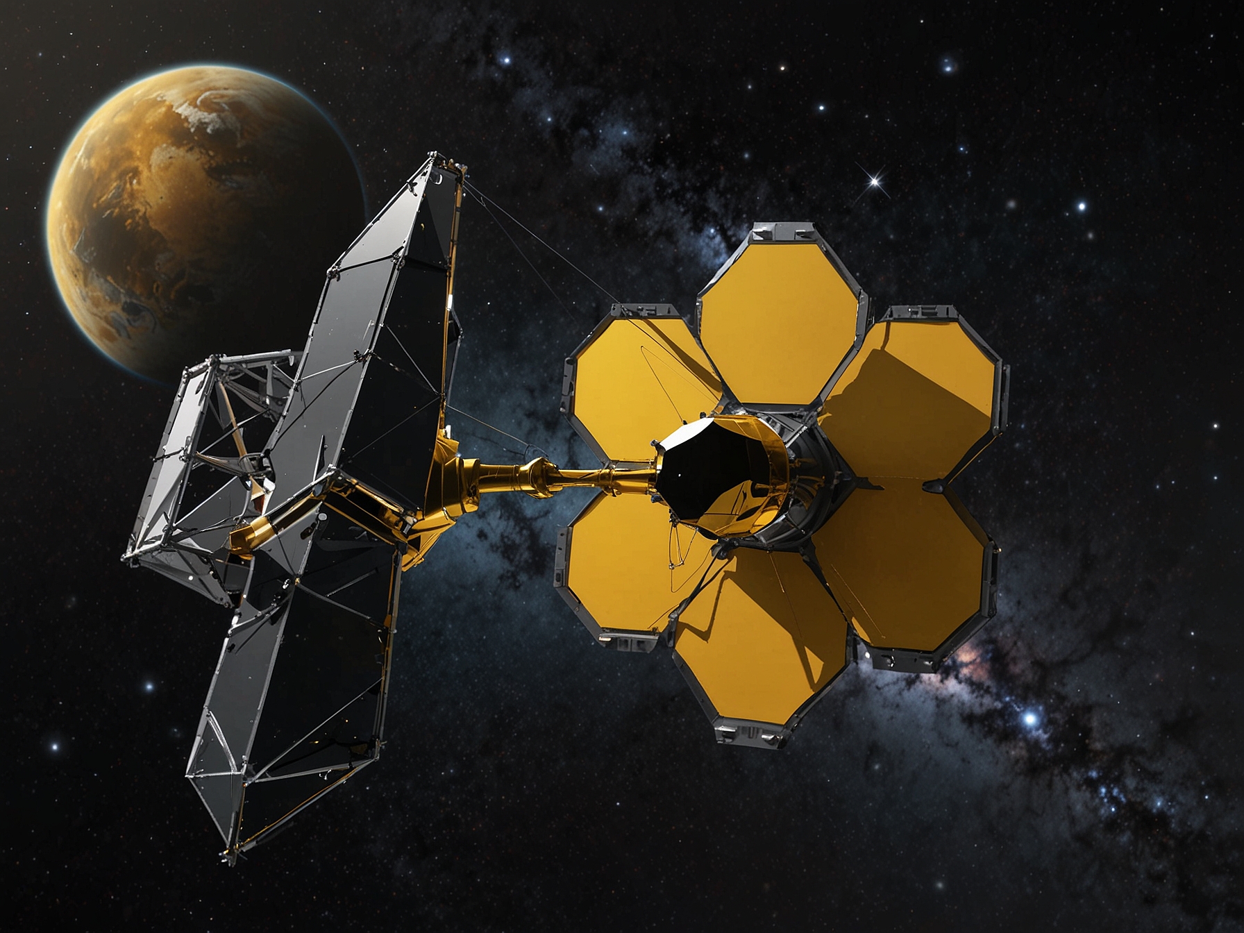 An illustration depicting the James Webb Space Telescope in space, highlighting its advanced technology and contributions to both space exploration and Earth-based technological advancements.
